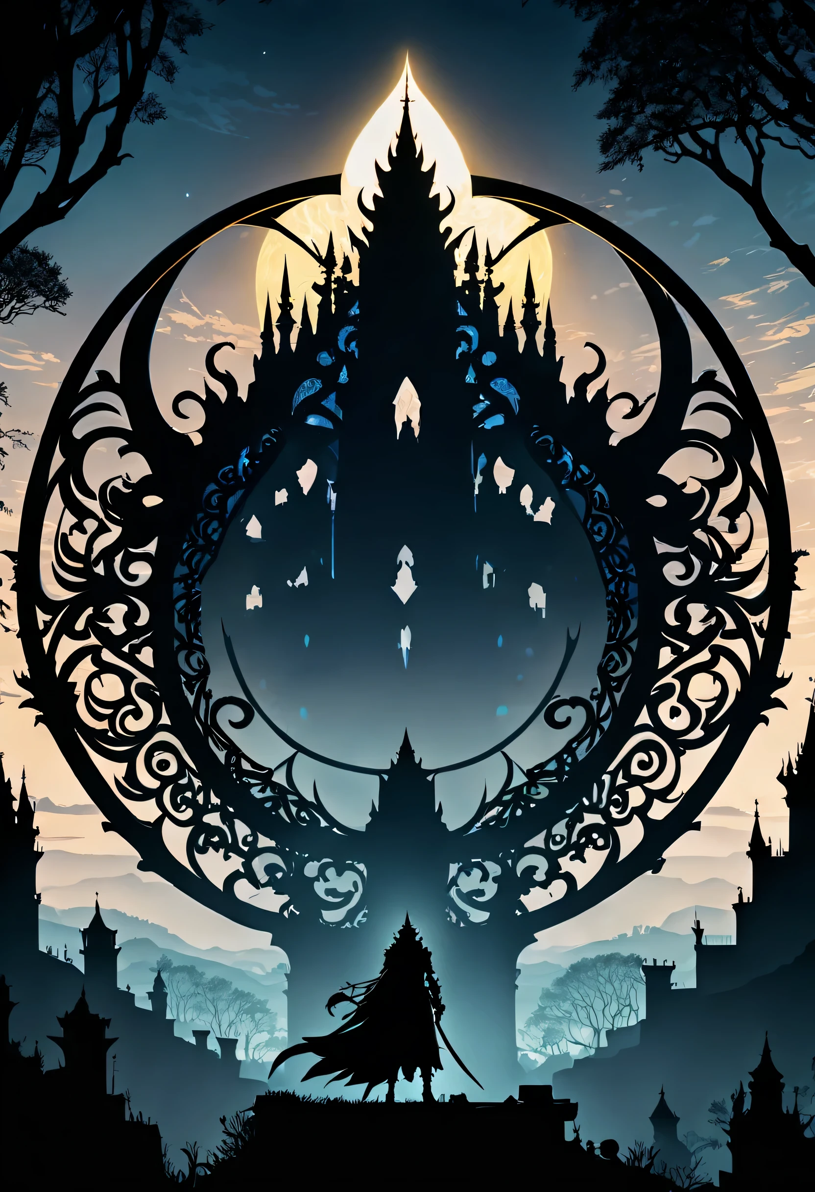 art by mooncryptowow, Silhouette Art of Elden rings, black outlines, enhance, intricate, (best quality, masterpiece, Representative work, official art, Professional, unity 8k wallpaper:1.3)