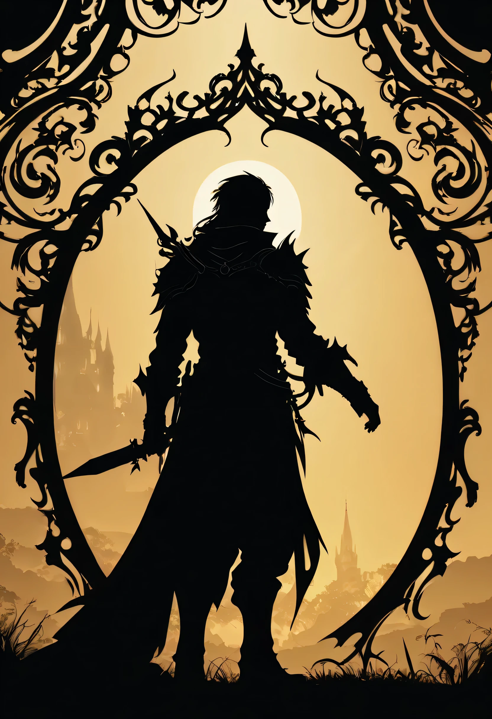 Silhouette Art of Elden rings, black outlines, enhance, intricate, (best quality, masterpiece, Representative work, official art, Professional, unity 8k wallpaper:1.3)