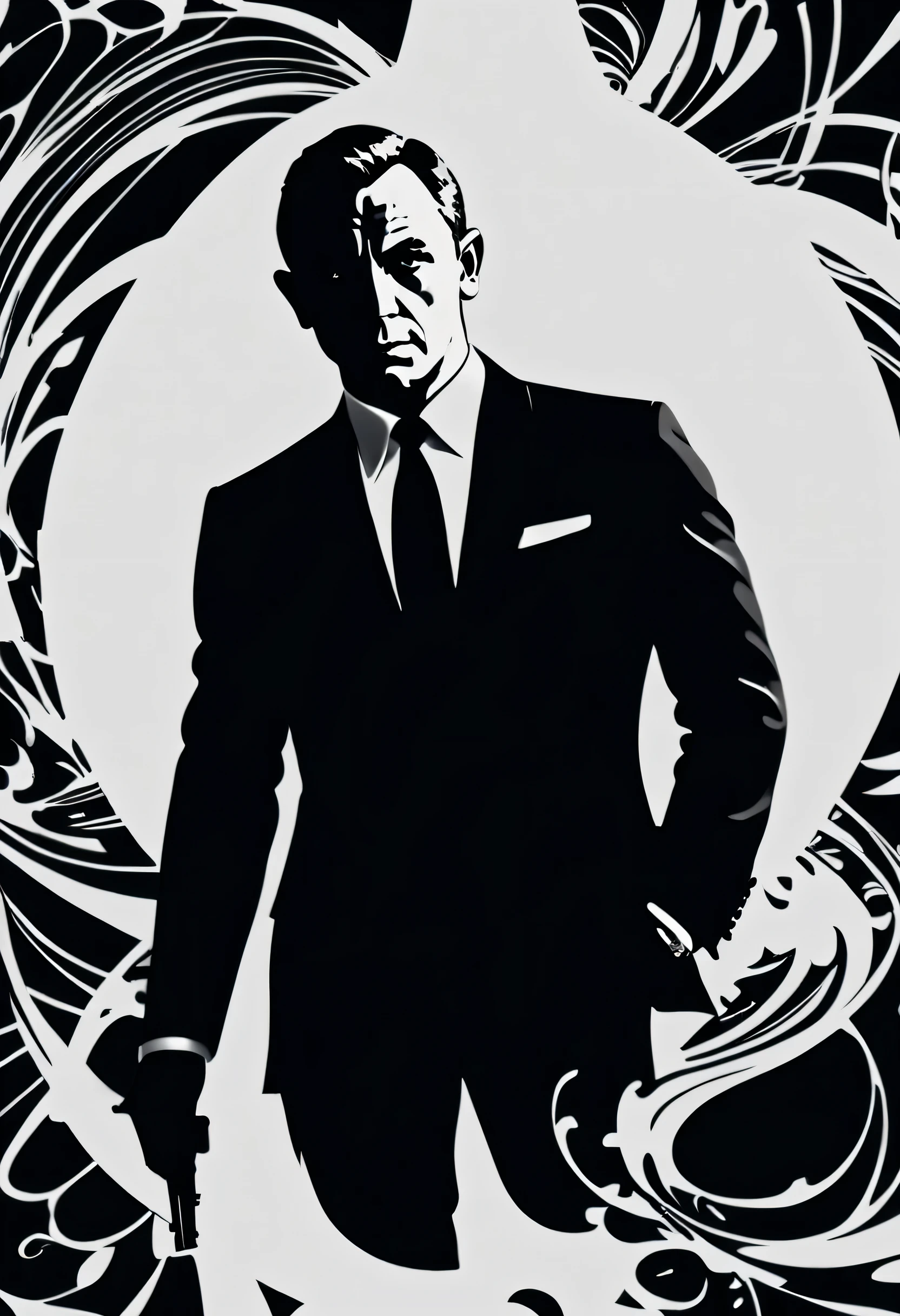 Silhouette Art of James Bond, black outlines, enhance, intricate, (best quality, masterpiece, Representative work, official art, Professional, unity 8k wallpaper:1.3)