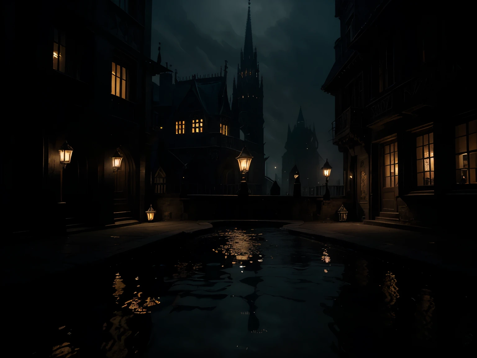 A city with gothic-inspired architecture, where spires and gargoyles cast eerie shadows in the moonlight. Narrow cobblestone streets wind through the darkness, and dimly lit lanterns create pools of light. fantastic realism, dark colors, dark light, award-winning cinematic horror image, award-winning horror film, the best horror photo ever made, authentic dark photography 8K