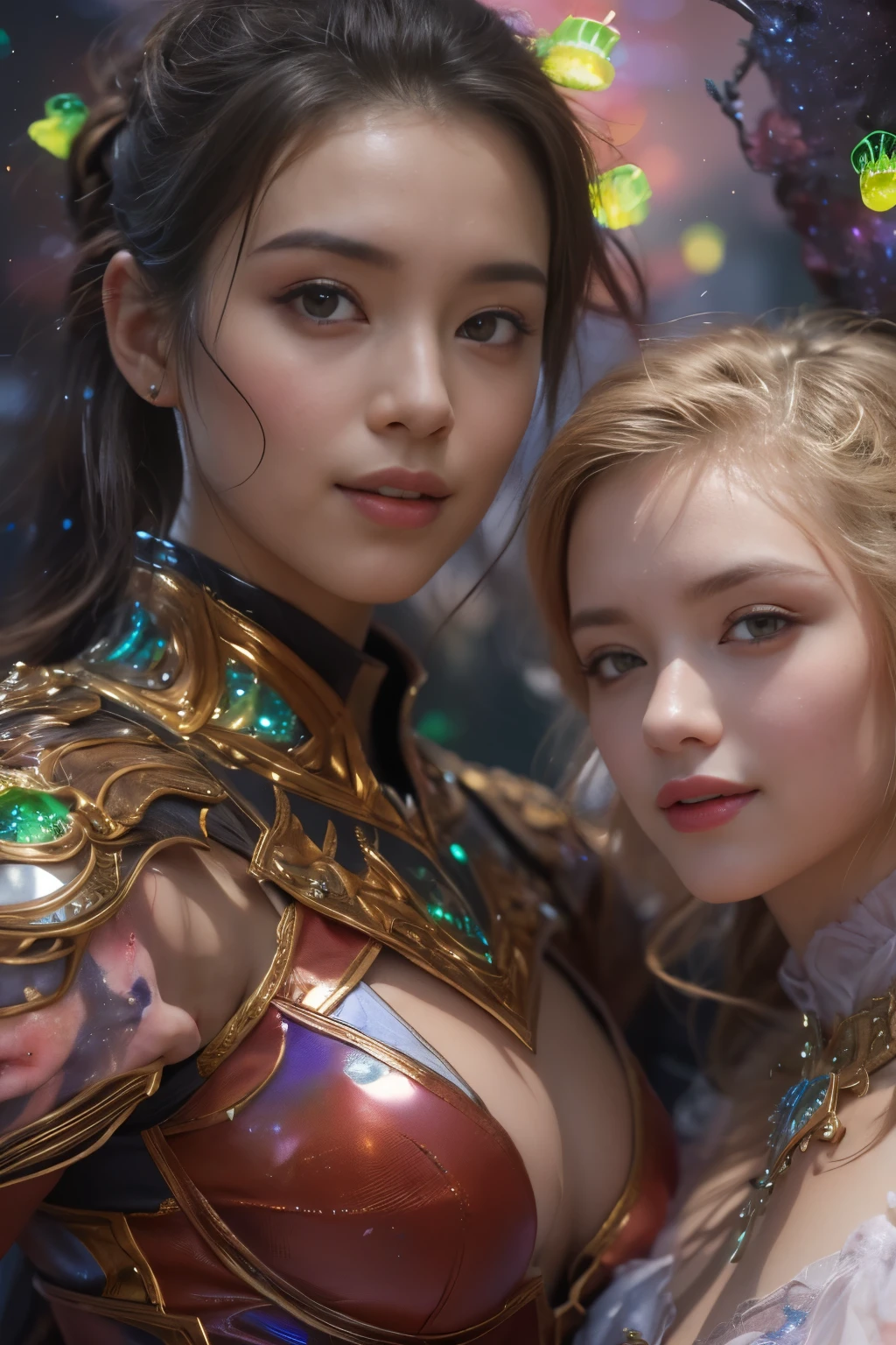 (Two beautiful age italian girls:1.6), Close friends, (They are hugging each other:1.2), Kiss her cheek or chest,(Detailed iridescent bodysuit with beautiful fractal or marble design:1.5), Incredible and spectacular scenes, ((High quality)), ((Detailed)), ((Fantasy)), Blue Plasma Brain, Green Plasma Body, Showing her armpits, beutiful breast, obscenity, (Lewd smile:1.2), coarse, Obscene, (Immoral:1.2), Lachish, (small breasts with beautiful raised pink areolas,,,:1.5), (Cameltoe), (Expression of ecstasy:1.2), Photorealistic, Official art, Unity 8K Wall , 8K Portrait, Best Quality, Very high resolution, (Incredibly beautiful nature background:1.6), (18 years old:1.5), (Sexy and glamorous:1.1), (A coquettish expression:1.6), (seductively smiling:1.6), (erotic posing:1.9), (Model Posing:1.8), Beautiful seductive face, Portrait, (Thick eyebrows:1.4), (Big scarlet eyes:1.6), Beautiful eyes with fine symmetry, (Ultra detailed eyes:1.4),(Highly detailed face and eyes:1.7), (High-resolution red-eye:1.8), Intimate face, (ultra detailed skin texture:1.4), White skin, pale skin, Perfect Anatomy, Thin, (Beautiful toned body:1.5), Highly detailed hair, (Moist skin:1.2), No makeup, (dark circles:1.1), Good anatomy, Focus Face, good-looking, (Emilia Clark:0.6) (Emma watson:0.3),(Jennifer Connelly:0.4), Elegant face, Nice, (A delicately crafted necklace is wrapped around her neck...), (Bioluminescence with brilliant brilliance:1.4), (Luminous magic circle:1.5), Ruins of an ancient castle, Shining majestic cloud masses and sky, lightning bolt, Epic Realistic, (Greg Rutkowski:0.8), (teal and orange:0.4), (Art Station:1.5), Cinematic, (NSFW:1.2), Hyper Detailed, Dramatic light, (Intricate details:1.1), Beautiful black hair, (Wearing a gauntlet with a dense and very beautiful design decorated with jewels:1.1), Small chest, Galaxy, (nebulas:1.6), The Dark Knight, Fully armored body focus