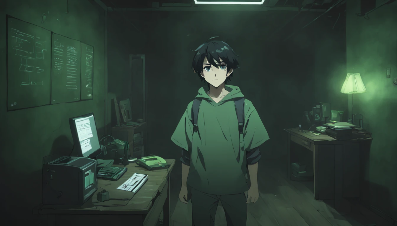 create an anime boy, with black hair, looking kinda weird, in his bedroom, in a dystopian dark environment. The room had a desk with a computer on it that runs a full screen terminal with green font; currently the boy is standing up in the middle of the room looking sad
