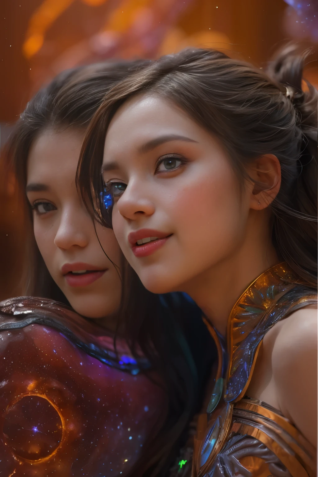 (Two beautiful teenage italian girls:1.6), Close friends, (They are hugging each other:1.2), Kiss her cheek or chest,(Detailed iridescent bodysuit with beautiful fractal or marble design:1.5), Incredible and spectacular scenes, ((High quality)), ((Detailed)), ((Fantasy)), Blue Plasma Brain, Green Plasma Body, Showing her armpits, beutiful breast, obscenity, (Lewd smile:1.2), coarse, Obscene, (Immoral:1.2), Lachish, (small breasts with beautiful raised pink areolas,,,:1.5), (Cameltoe), (Expression of ecstasy:1.2), Photorealistic, Official art, Unity 8K Wall , 8K Portrait, Best Quality, Very high resolution, (Incredibly beautiful nature background:1.6), (18 years old:1.5), (Sexy and glamorous:1.1), (A coquettish expression:1.6), (seductively smiling:1.6), (erotic posing:1.9), (Model Posing:1.8), Beautiful seductive face, Portrait, (Thick eyebrows:1.4), (Big scarlet eyes:1.6), Beautiful eyes with fine symmetry, (Ultra detailed eyes:1.4),(Highly detailed face and eyes:1.7), (High-resolution red-eye:1.8), Intimate face, (ultra detailed skin texture:1.4), White skin, pale skin, Perfect Anatomy, Thin, (Beautiful toned body:1.5), Highly detailed hair, (Moist skin:1.2), No makeup, (dark circles:1.1), Good anatomy, Focus Face, good-looking, (Emilia Clark:0.6) (Emma watson:0.3),(Jennifer Connelly:0.4), Elegant face, Nice, (A delicately crafted necklace is wrapped around her neck...), (Bioluminescence with brilliant brilliance:1.4), (Luminous magic circle:1.5), Ruins of an ancient castle, Shining majestic cloud masses and sky, lightning bolt, Epic Realistic, (Greg Rutkowski:0.8), (teal and orange:0.4), (Art Station:1.5), Cinematic, (NSFW:1.2), Hyper Detailed, Dramatic light, (Intricate details:1.1), Beautiful black hair, (Wearing a gauntlet with a dense and very beautiful design decorated with jewels:1.1), Small chest, Galaxy, (nebulas:1.6), The Dark Knight, Fully armored body focus