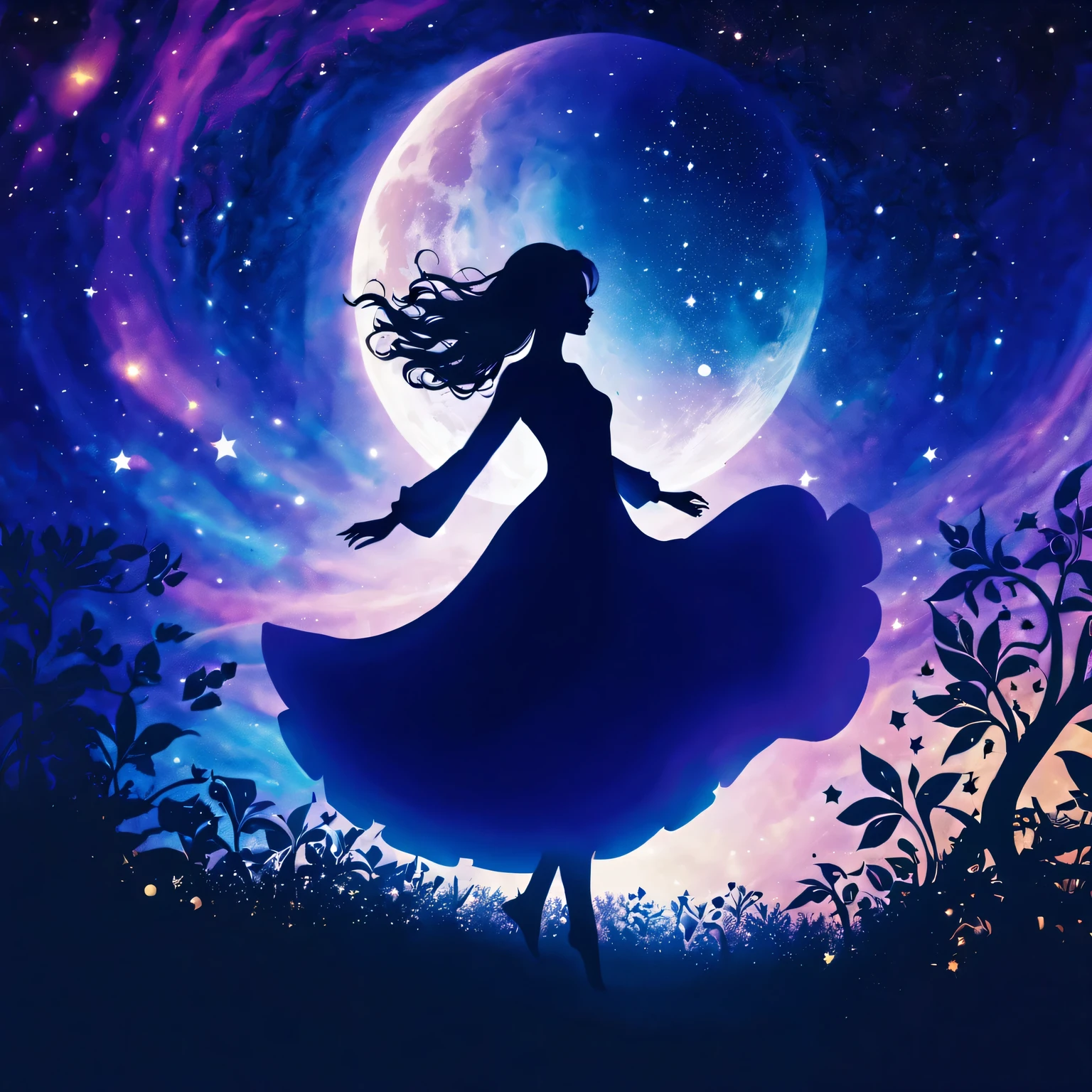 silhouette art，Girl silhouette texture clear，graceful gesture，gentle curves，dance，flowing hair，moon，dazzling stars。(Psychedelic style background)，Ethereal，distortion，whimsical，(charming garden)，Enigmatic Atmosphere，Romantic。delicate lines，subtle texture，Contrast shapes，artistic creation，surreal，dramatic lighting，hidden meaning，grace，emotional depth，evoke a feeling of mystery and wonder，Thought provoking and unforgettable，otherworldly，Change，Encouraging，poetry，unique visual story。best quality,4k,8k,high resolution,masterpiece:1.2,Super detailed,actual:1.37
