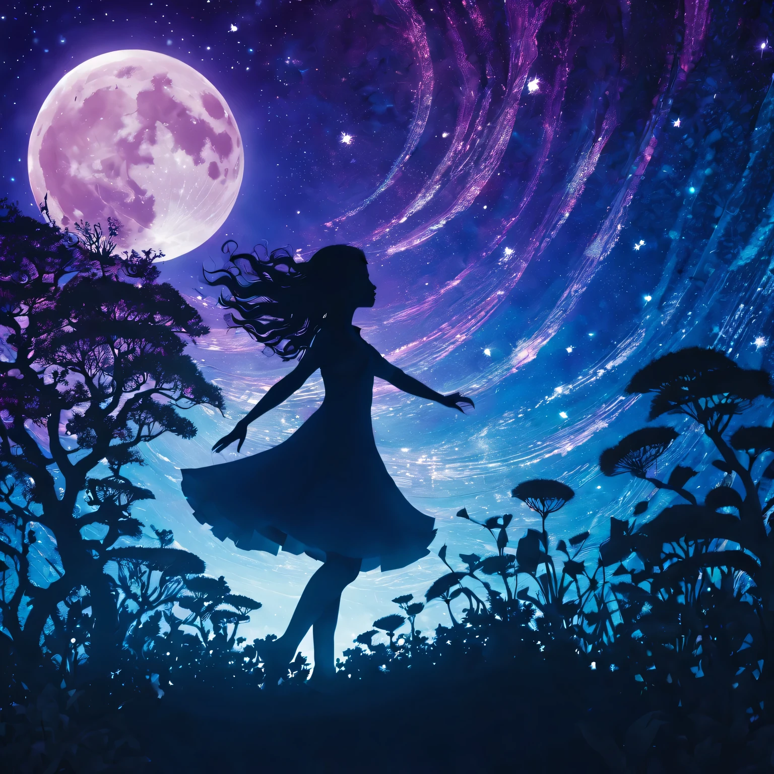 silhouette art，Girl silhouette texture clear，graceful gesture，gentle curves，dance，flowing hair，moon，dazzling stars。(Psychedelic style background)，Ethereal，distortion，whimsical，(charming garden)，Enigmatic Atmosphere，Romantic。delicate lines，subtle texture，Contrast shapes，artistic creation，surreal，dramatic lighting，hidden meaning，grace，emotional depth，evoke a feeling of mystery and wonder，Thought provoking and unforgettable，otherworldly，Change，Encouraging，poetry，unique visual story。best quality,4k,8k,high resolution,masterpiece:1.2,Super detailed,actual:1.37