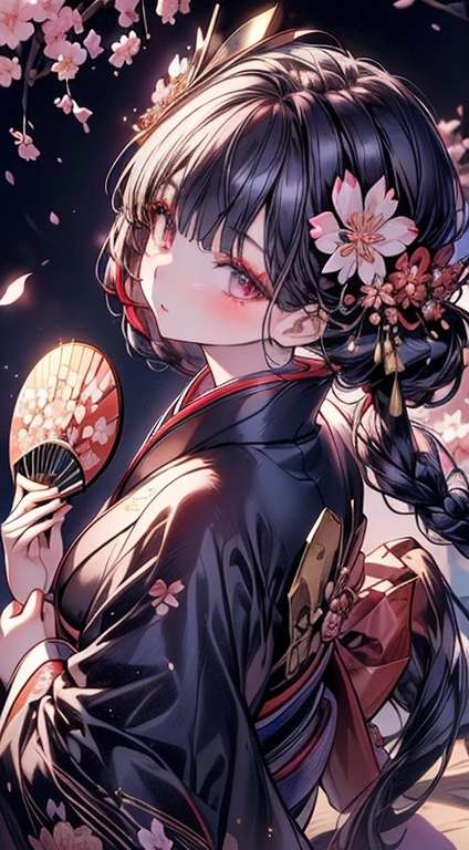 absurderes,(masterpiece、top-quality、8K ),intricate detailes,ultra-detailliert、1 Beautiful Japan Woman,(Luxury kimono:1.2),(holding fan:1.2),hide face,(Pose Seductive:1.2),(luxury hair ornament:1.2),(cherry blossom in full bloom、lots of flower:1.2),(Beautiful makeup:1.2),(From above,Looking Up:1.3),Snow-white skin、Hyper realistic,Perfect Anatomy
