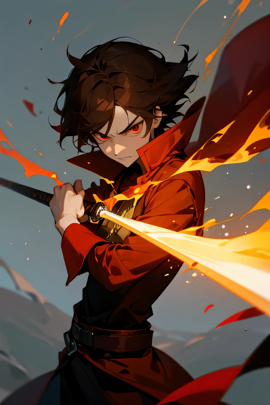 skinny guy, with brown hair, evil eyes, fire mage, with a dagger