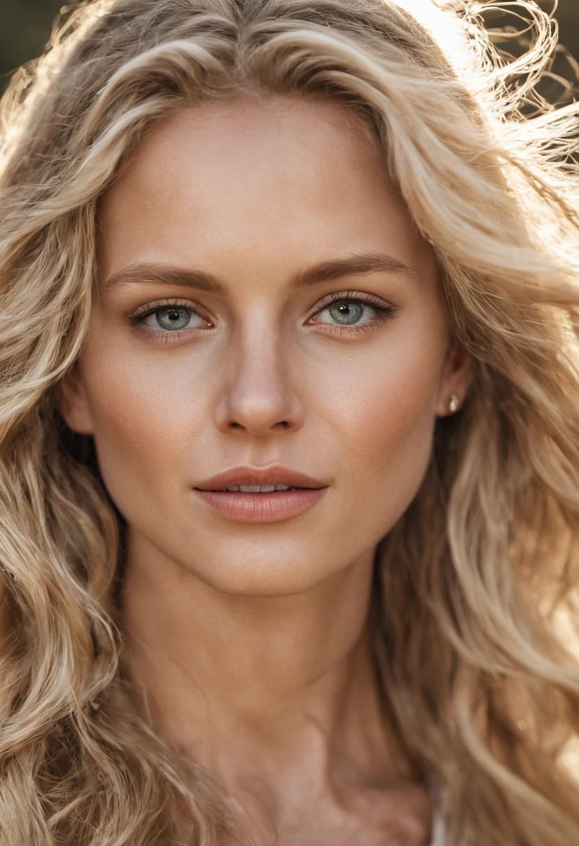 3/4 face portrait photo of a beautiful 25 years old caucasian woman, (extra long wavy blonde hair blown in the wind), outside, Award - winning photograph, Masterpiece, 8k, ultra high res, hyper detailed, perfect flawless face, rule of thirds, Realistic Perfect eyes and pupils, Perfect full lips, upturned nose, highly detailed shining hair, ((detailed facial featureinely detailed skin), tanned skin, skin pores, skin blemishes, realistic skin texture, intricate details, photorealism, hyperrealism, ultra realistic, lifelike textures, neutral colors, studio lighting, cinematic lighting, soft volumetric light on face, backlight on hair, sharp focus, wide angle, film grain, dslr, raw photo,
