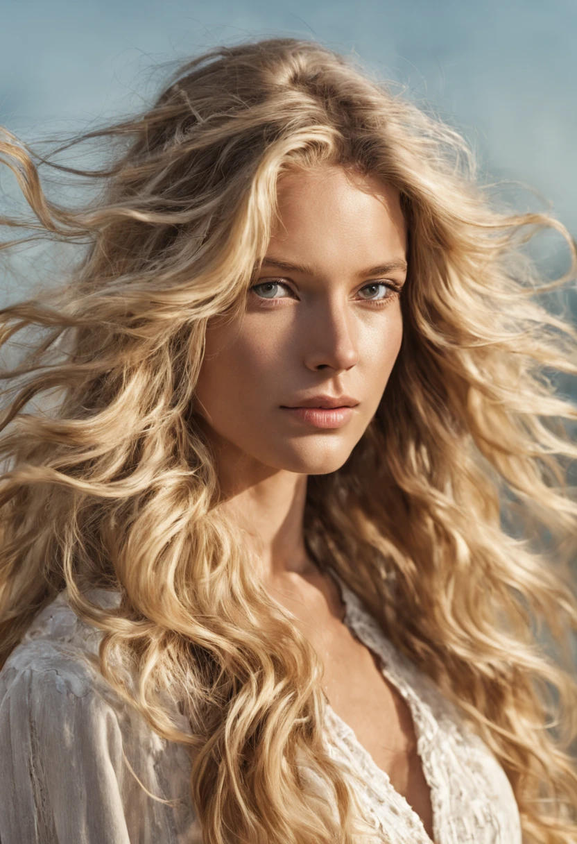 3/4 face portrait photo of a beautiful 25 years old caucasian woman, (extra long wavy blonde hair blown in the wind), outside, Award - winning photograph, Masterpiece, 8k, ultra high res, hyper detailed, perfect flawless face, rule of thirds, Realistic Perfect eyes and pupils, Perfect full lips, upturned nose, highly detailed shining hair, ((detailed facial featureinely detailed skin), tanned skin, skin pores, skin blemishes, realistic skin texture, intricate details, photorealism, hyperrealism, ultra realistic, lifelike textures, neutral colors, studio lighting, cinematic lighting, soft volumetric light on face, backlight on hair, sharp focus, wide angle, film grain, dslr, raw photo,