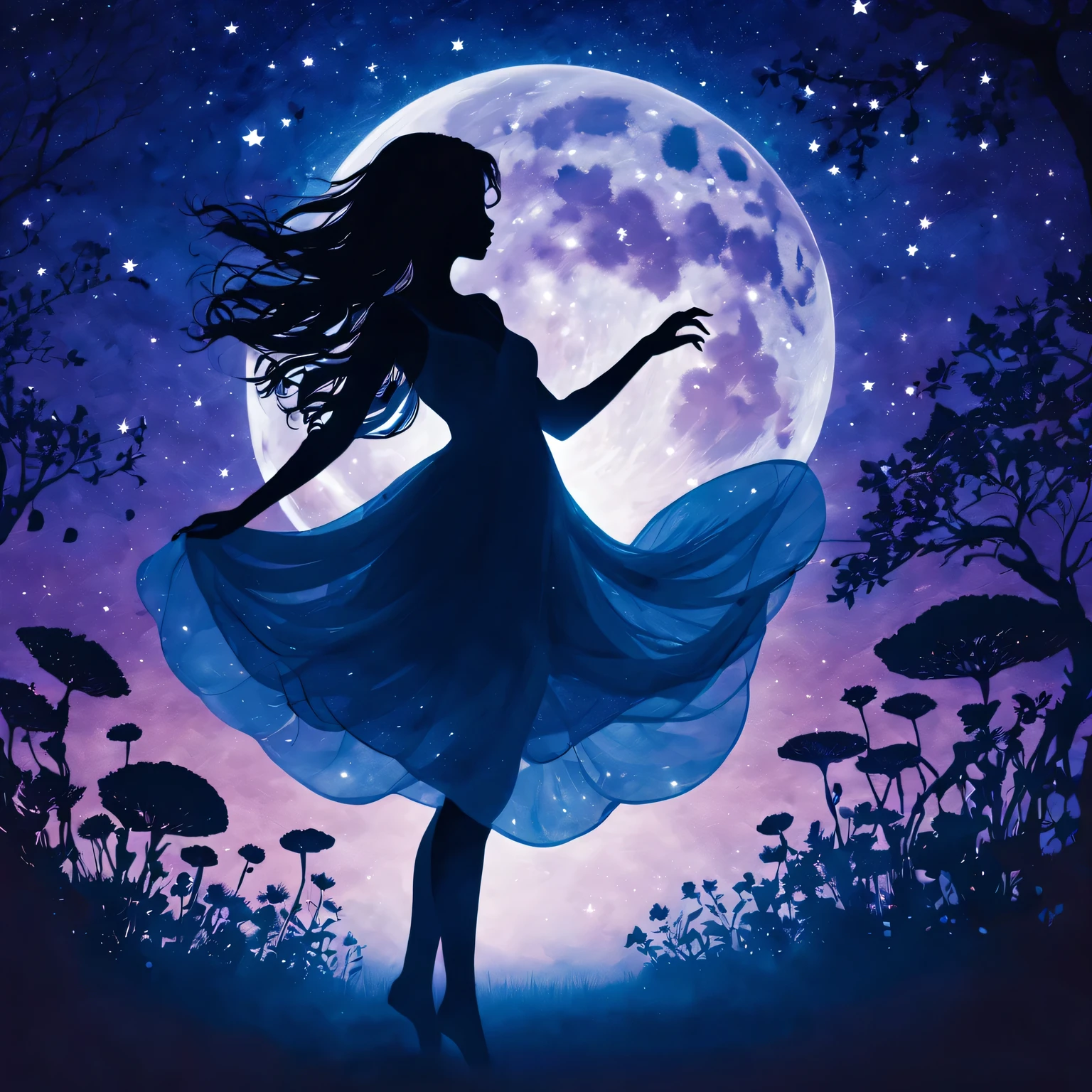 silhouette art,Girl silhouette texture clear,graceful gesture,gentle curves,dance,flowing hair,moon,dazzling stars。(Psychedelic style background),Ethereal,distortion,whimsical,(charming garden),Enigmatic Atmosphere,Romantic。delicate lines,subtle texture,Contrast shapes,artistic creation,surreal,dramatic lighting,hidden meaning,grace,emotional depth,evoke a feeling of mystery and wonder,Thought provoking and unforgettable,otherworldly,Change,Encouraging,poetry,unique visual story。best quality,4k,8k,high resolution,masterpiece:1.2,Super detailed,actual:1.37