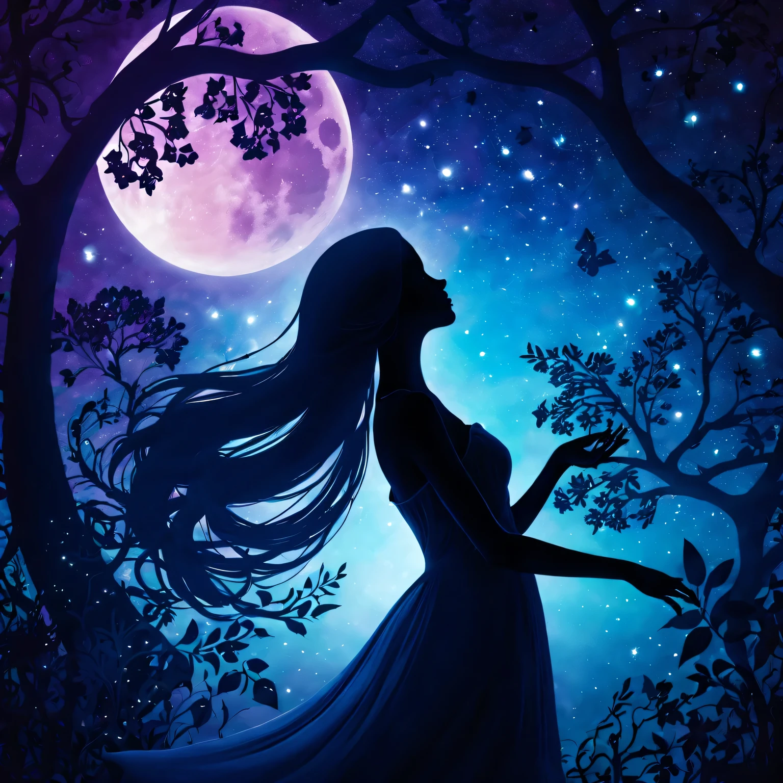 silhouette art，Girl silhouette texture clear，graceful gesture，gentle curves，dance，flowing hair，moon，dazzling stars。(Psychedelic style background)，Ethereal，distortion，whimsical，(charming garden)，Enigmatic Atmosphere，Romantic。delicate lines，subtle texture，Contrast shapes，artistic creation，surreal，dramatic lighting，hidden meaning，grace，emotional depth，evoke a feeling of mystery and wonder，Thought provoking and unforgettable，otherworldly，Change，Encouraging，poetry，unique visual story。best quality,4k,8k,high resolution,masterpiece:1.2,Super detailed,actual:1.37