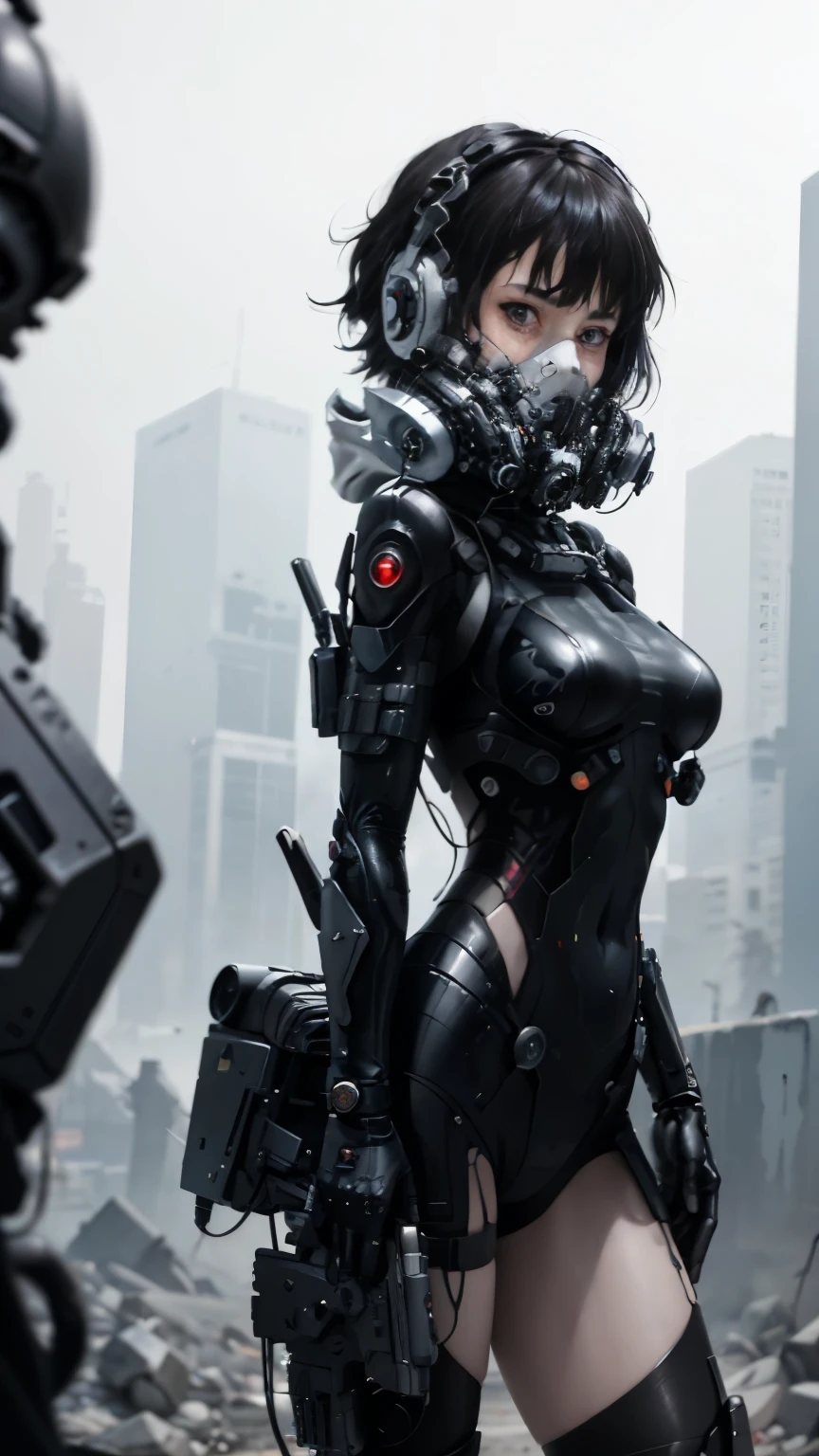 This is a CG Unity 8k wallpaper with ultra-detailed, high-resolution and top quality in cyberpunk style, dominated by black and red. In the picture, a beautiful girl with white messy short hair, a delicate face, wearing a steam mecha mask, standing on the ruins, behind her is a huge robot, and the action of a woman holding a heavy sniper rifle in her hand,