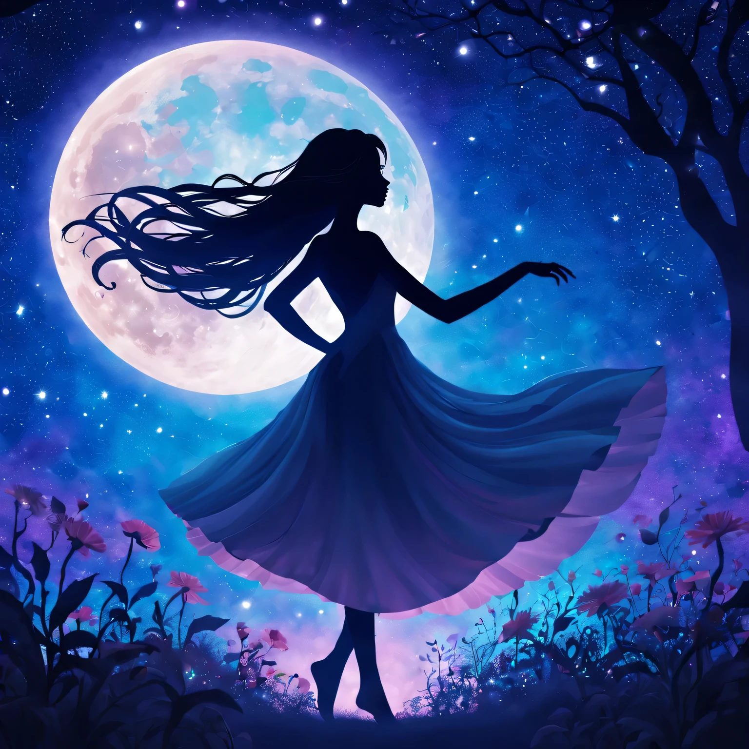 silhouette art，Girl silhouette texture clear，graceful gesture，gentle curves，dance，flowing hair，moon，dazzling stars。(Psychedelic style background)，Ethereal，distortion，whimsical，(charming garden)，Enigmatic Atmosphere，Romantic。delicate lines，subtle texture，Contrast shapes，artistic creation，surreal，dramatic lighting，hidden meaning，grace，emotional depth，evoke a feeling of mystery and wonder，Thought provoking and unforgettable，otherworldly，Change，Encouraging，poetry，unique visual story。