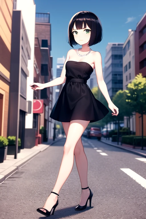 1 girl, solo, short black hair, bob cut, medium hair, green eyes, in a little black dress, short strapless black dress, a longer body, all grown up, a teenager style, with a pearl necklace, bare shoulders, black high heels, and being so beautiful, walking in the street, at night time in the city, in Powerpuff style, cartoon style