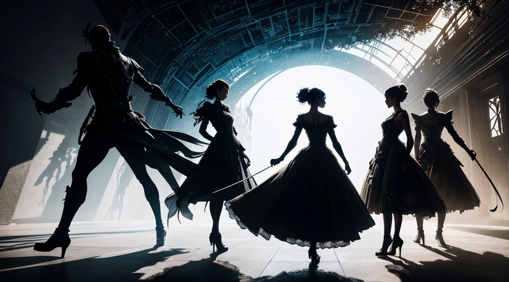 (best quality,4k,8k,highres,masterpiece:1.2),ultra-detailed,creative,diverse silhouette art scene,variety of intricate silhouette characters,detailed scene setup,stylized human figures,fantastical background,dynamic poses and movements,expressive emotions,striking contrasts,artistic lighting,multiple layers of shadows,outstanding black and white composition,impressive storytelling,abstract and surreal elements,vivid and vibrant colors to accentuate the silhouette effect,creative use of negative spaces,fine lines and intricate details for silhouette definition,impressionistic style with soft edges,artistic interpretation of human shapes and actions,play of light and shadow to create dramatic effect,artistic and imagination,hint of mystery and intrigue,evoke the audience's curiosity and imagination