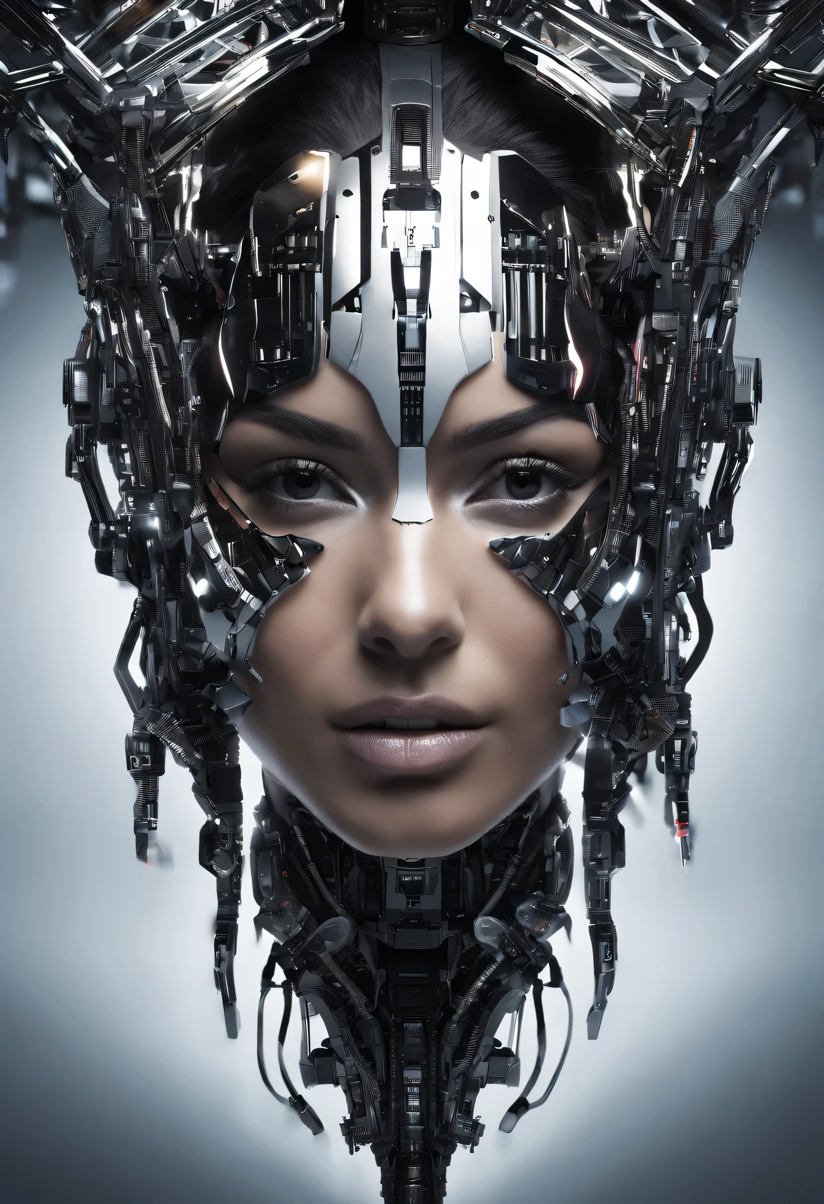 Futuristic native futurism,Actress Priyanka Chopra plays the high-level cybernetic cyborg, big breasts, the Japanese goddess of war, sensuality,Artistic details,Cyberpunk Hindu mythology,Epic science fiction fantasy, Centered,In the style of Nick Alm's fantasy futuristic fantasy works, Dark prism, Dark, Metal composition, symmetrical arrangements, Iridescent metallic , distinctive noses, Ethereal,Blood splattered multicolored, eye-catching metallic compositions, Symmetrical geometry, distinctive noses, gothic references, With bold lines and black stripes,White,Red, Gold and silver, Fantasy science fiction art, a detailed painting, ,Alex Alemanni merges with Carol Barker