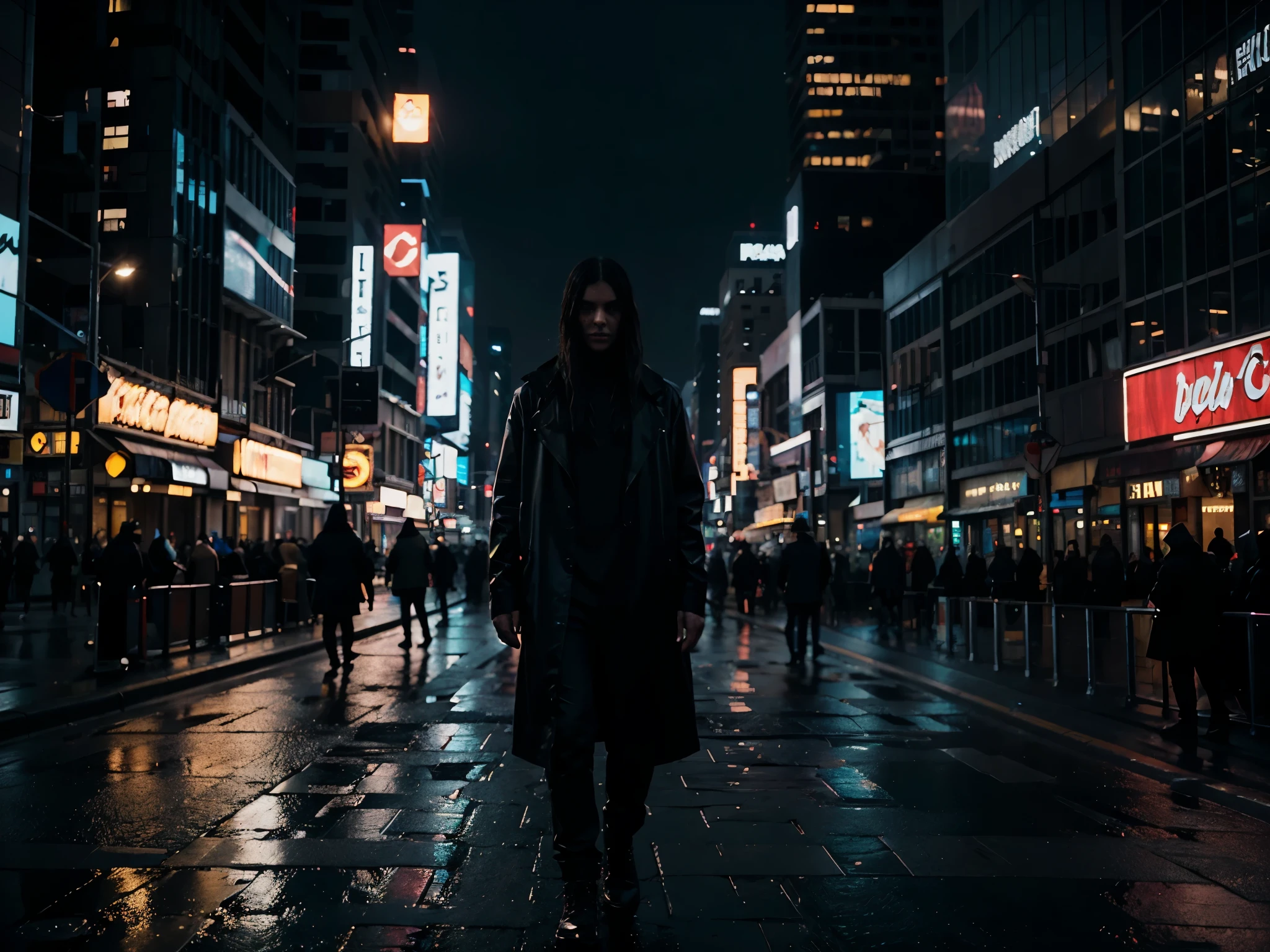A futuristic city bathed in the glow of holographic billboards and neon signs. Massive skyscrapers block out the night sky, and flickering electronic screens illuminate the faces of people navigating crowded, rain-soaked streets. fantastic realism, dark colors, dark light, award-winning cinematic horror image, award-winning horror film, the best horror photo ever made, authentic dark photography 8K