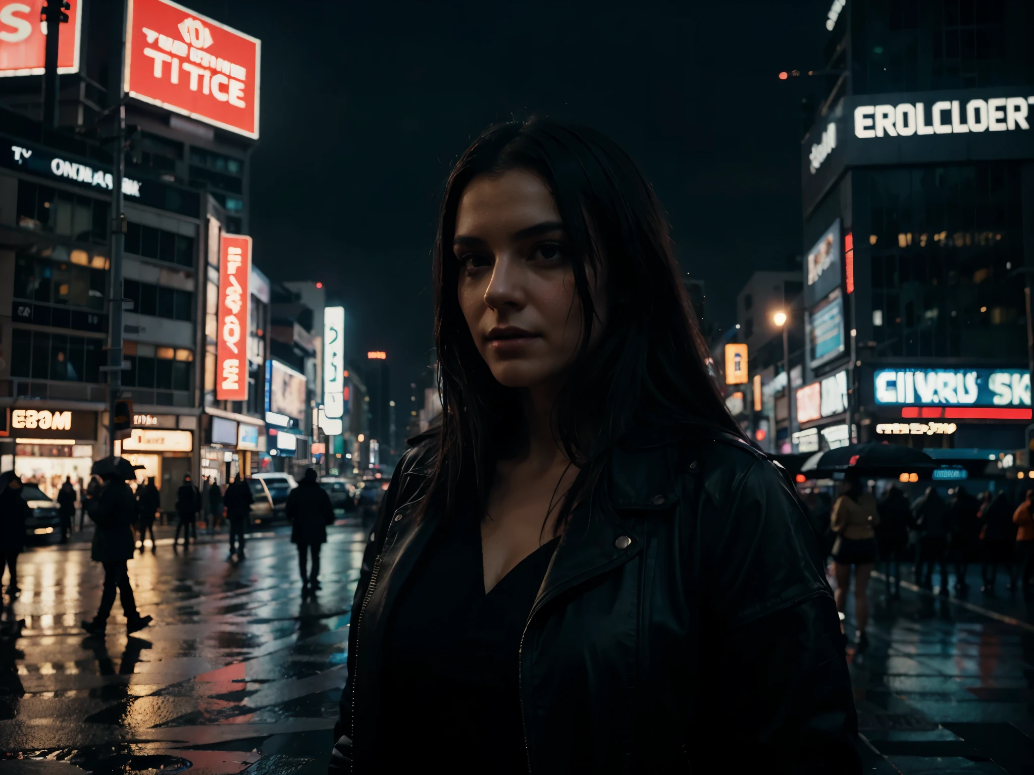 A futuristic city bathed in the glow of holographic billboards and neon signs. Massive skyscrapers block out the night sky, and flickering electronic screens illuminate the faces of people navigating crowded, rain-soaked streets. fantastic realism, dark colors, dark light, award-winning cinematic horror image, award-winning horror film, the best horror photo ever made, authentic dark photography 8K