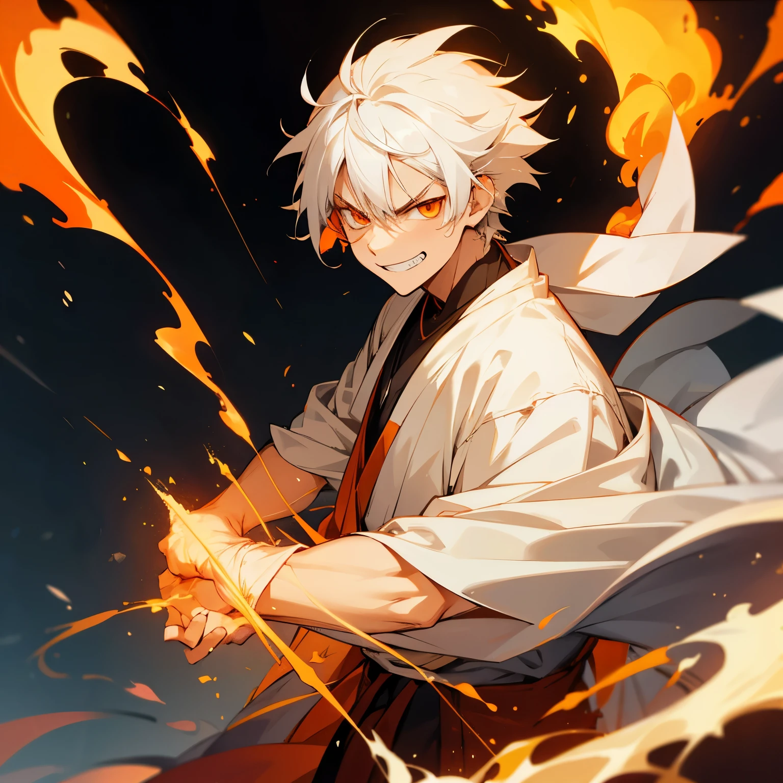 1boy, white hair, casual cloth, fire, grin, orange eyes, annoyed face