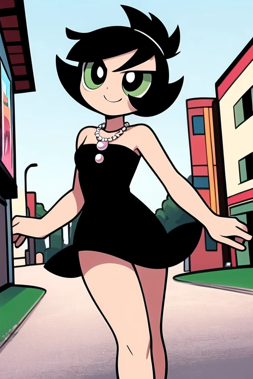 1 girl, Solo, age, Black hair, Short black hair, Medium Hair, Bob Hair, Green eyes, Strapless, Little Black Dress, Off-the-Shoulders dress, pearl necklace, Smile, the Mexican city street, Sexy, masterpiece, High quality, cartoon style. Powerpuff style, looking at viewer, cartoon style.