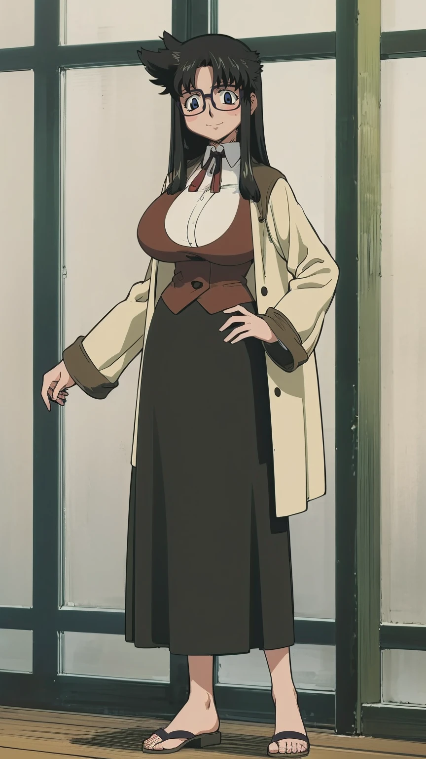 ultra detailed, masterpiece, best quality, solo, soft smile, light smile, ,YR, 1girl, solo,full body,standing, portrait, sticker blush, smile, looking at viewer, glasses, long skirt, coat, vest, ribbon, long sleeves, messy hair, fine detail, perfect quality, good quality, masterpiece, HDR, UHD full body, refsheet, flipflops, huge breast,refsheet, sketch style