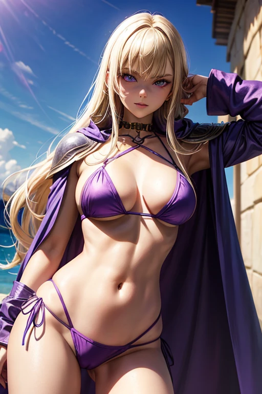 purple bikini armor and purple cloak,,Blonde blue-eyed,white people,Evil Female Executive,A little more adult