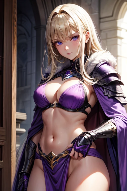 purple bikini armor and purple cloak,,Blonde blue-eyed,white people,Evil Female Executive,A little more adult