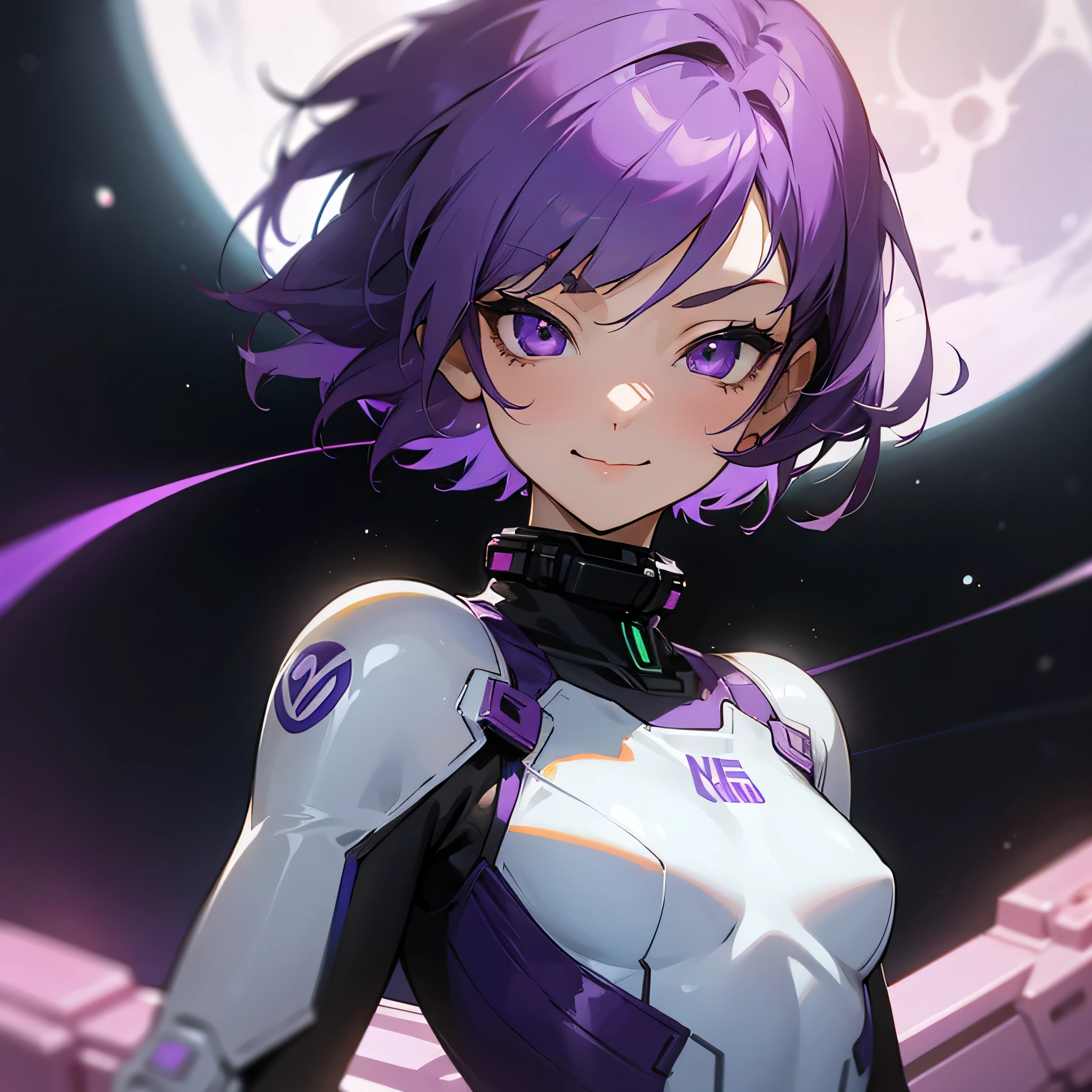(masterpiece), 1woman, purple short hair, smirk face, purple eyes, neon eyes, anime, space suit, moon, small breasts