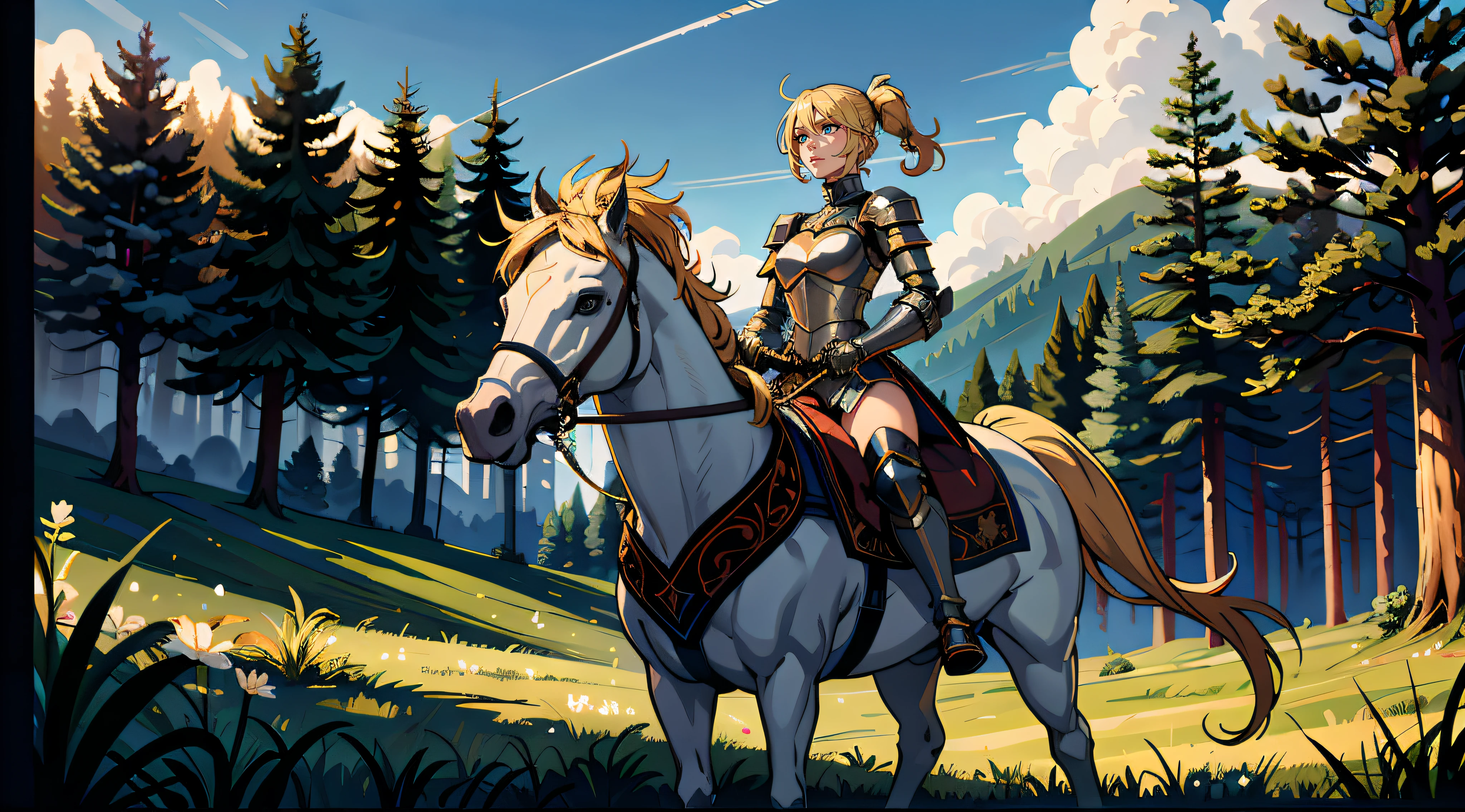 A beautiful and mighty blonde female knight is holding her sword and preparing herself for a great battle with her enemies It was surrounding her in a flat land of grass and trees in the background, sunny day, sunlight, wide-angle camera, panoramic view, high definition, ultra resolution, intricate details, volumetric light, dynamic composition, masterpiece