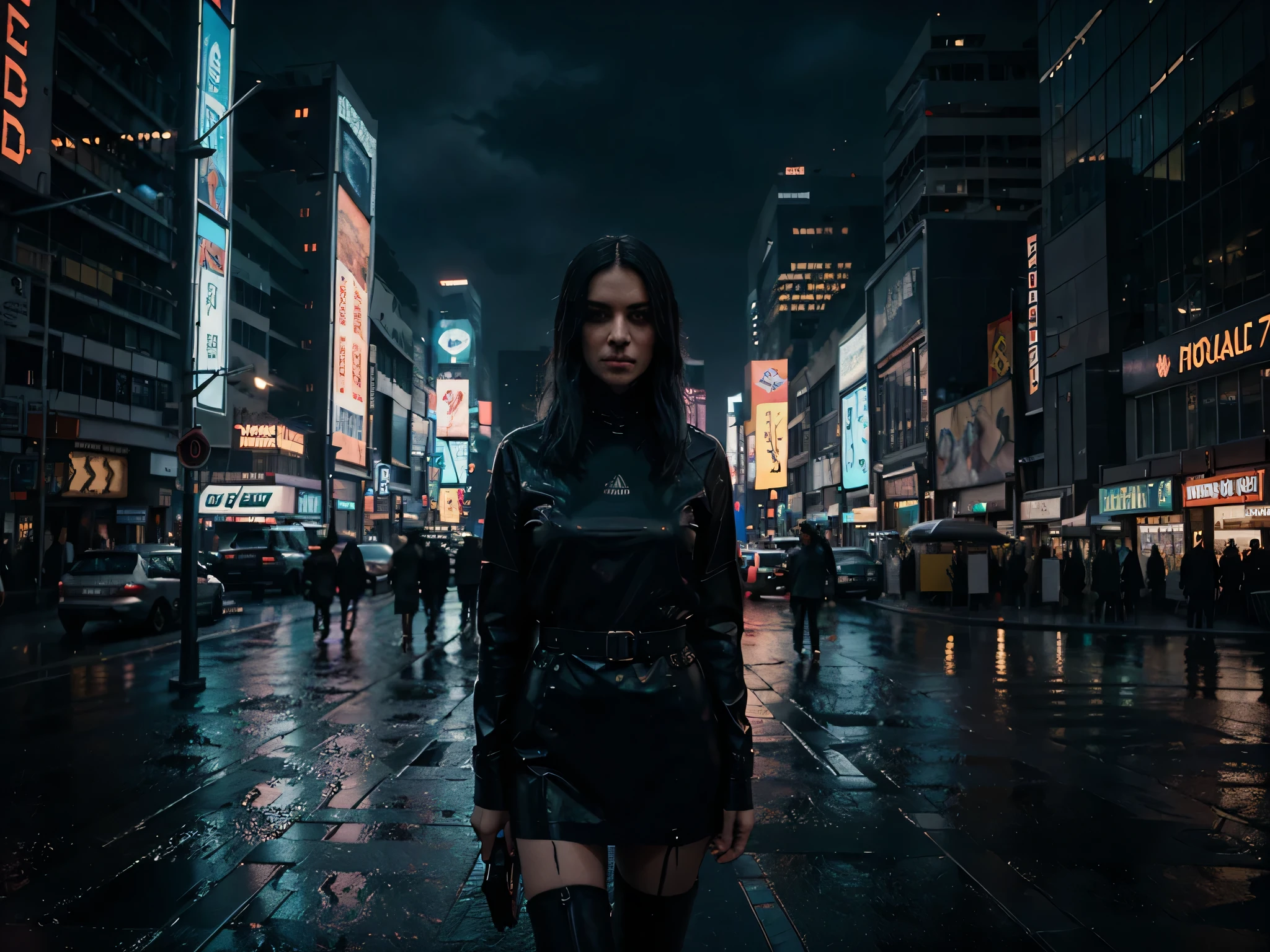 A futuristic city bathed in the glow of holographic billboards and neon signs. Massive skyscrapers block out the night sky, and flickering electronic screens illuminate the faces of people navigating crowded, rain-soaked streets. fantastic realism, dark colors, dark light, award-winning cinematic horror image, award-winning horror film, the best horror photo ever made, authentic dark photography 8K