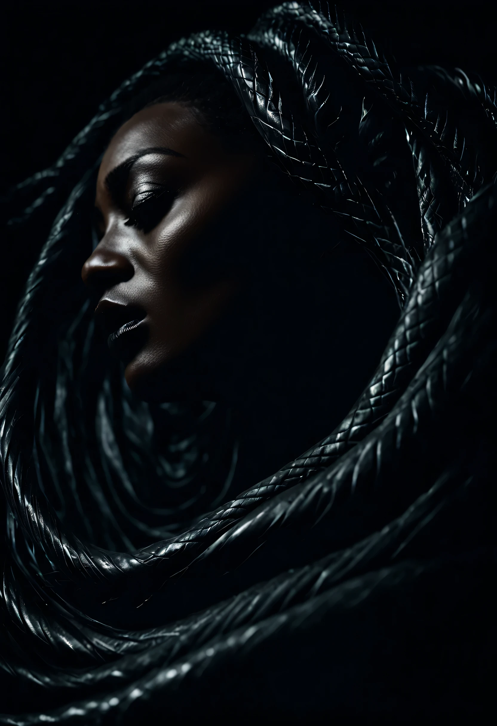 She crawls from the darkness like a viper from its hiding place, a beautifully dark woman exuding a dark aura, disturbing, dark, ominous, intricate details, hyper-realistic, dramatic lighting, raw photography