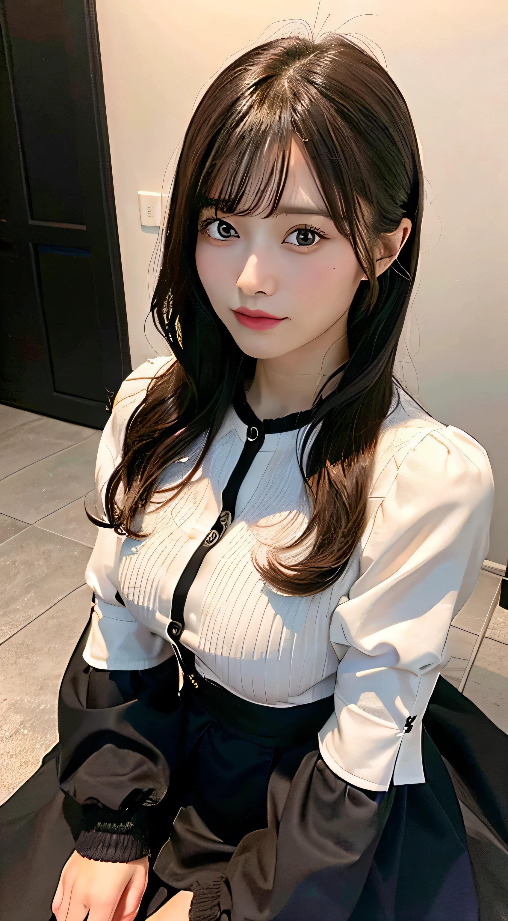 stehend 、top quality、Super high resolution、(fotorealistisch:1.5)、1 Japanese girl、black mini skirt with white blouse and black cardigan、(braune Haare:1.2)、(huge breasted:1.2)、wohnzimmer、looks over his shoulder and looks at the viewer 、eine Nahaufnahme、Full body Esbian、Fiese Augen