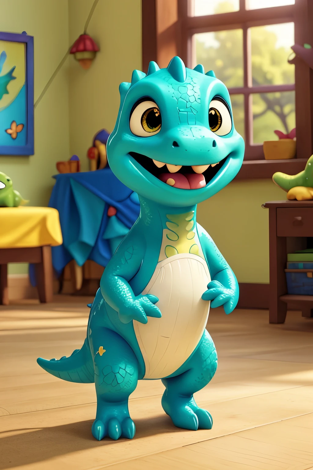 "Imagine a warm and charming illustration for the home page of the children's story 'Dino and the Feelings'. Feature Dino, an adorableear-ogreen dinosaur, radiating happiness. He is leaping into the air with an expression of contagious joy innocent, his eyes shining with curiosity and fun. The surrounding setting should convey a sunny morning, with colorful flowers and butterflies dancing in the air. Be sure to include details that emphasize Dino's friendly and optimistic nature, making readers feel immediately connected to his positive energy. Colors should be bright and full of life, evoking a warm, happy feeling. Capturing the essence of Dino's joy is crucial to setting the positive tone of the story from the beginning."