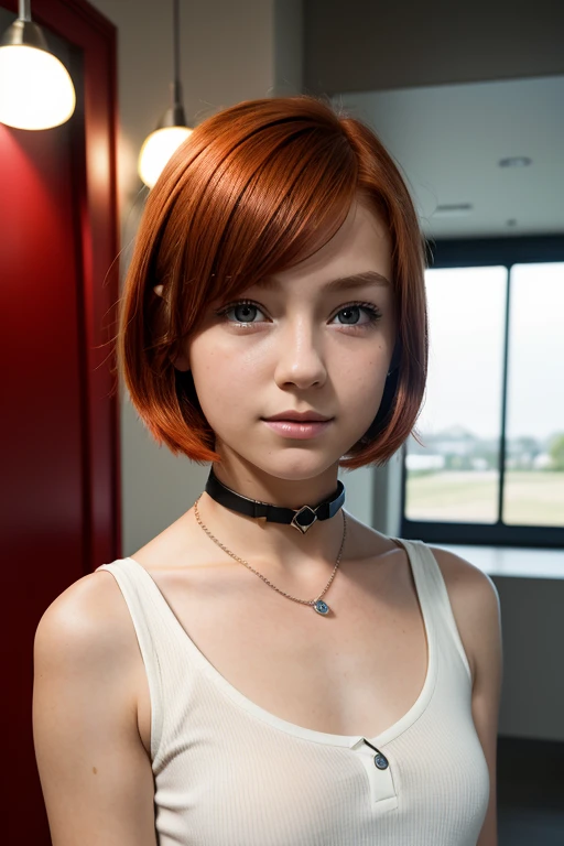13 year old girl, alone, Red-haired shorthair, , view viewer, blonde hair, shoulder, brown eyes, gem, full body lesbian, choker necklace, Business suits、 Open, Actual, nose, Flirting with the camera