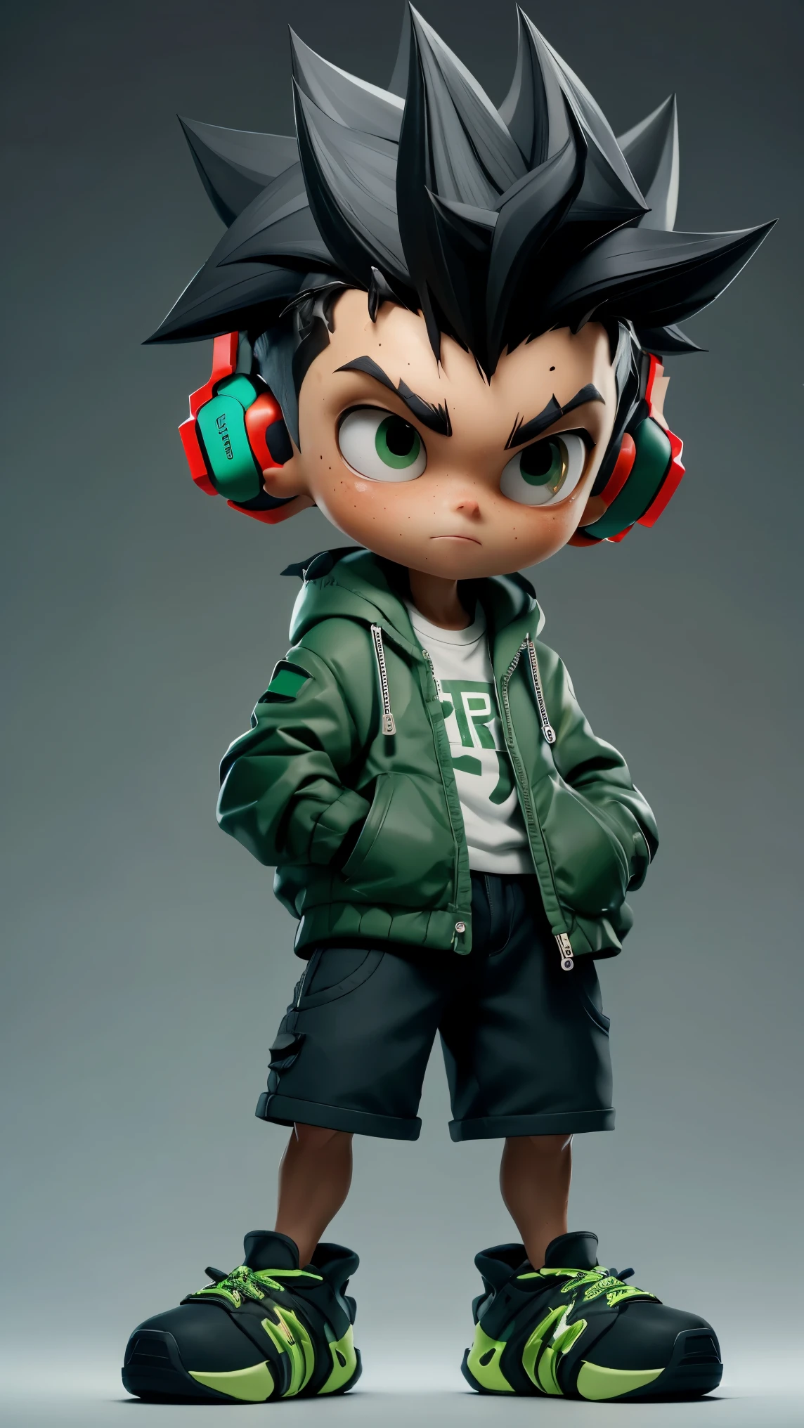 masterpiece, best quality, 8k, cinematic light, ultra high res, chibi, 1boy, shorts, black hair, headphones, bag, spiked hair, green jacket, shoes, brown eyeull body:1.2), freckles, standing,