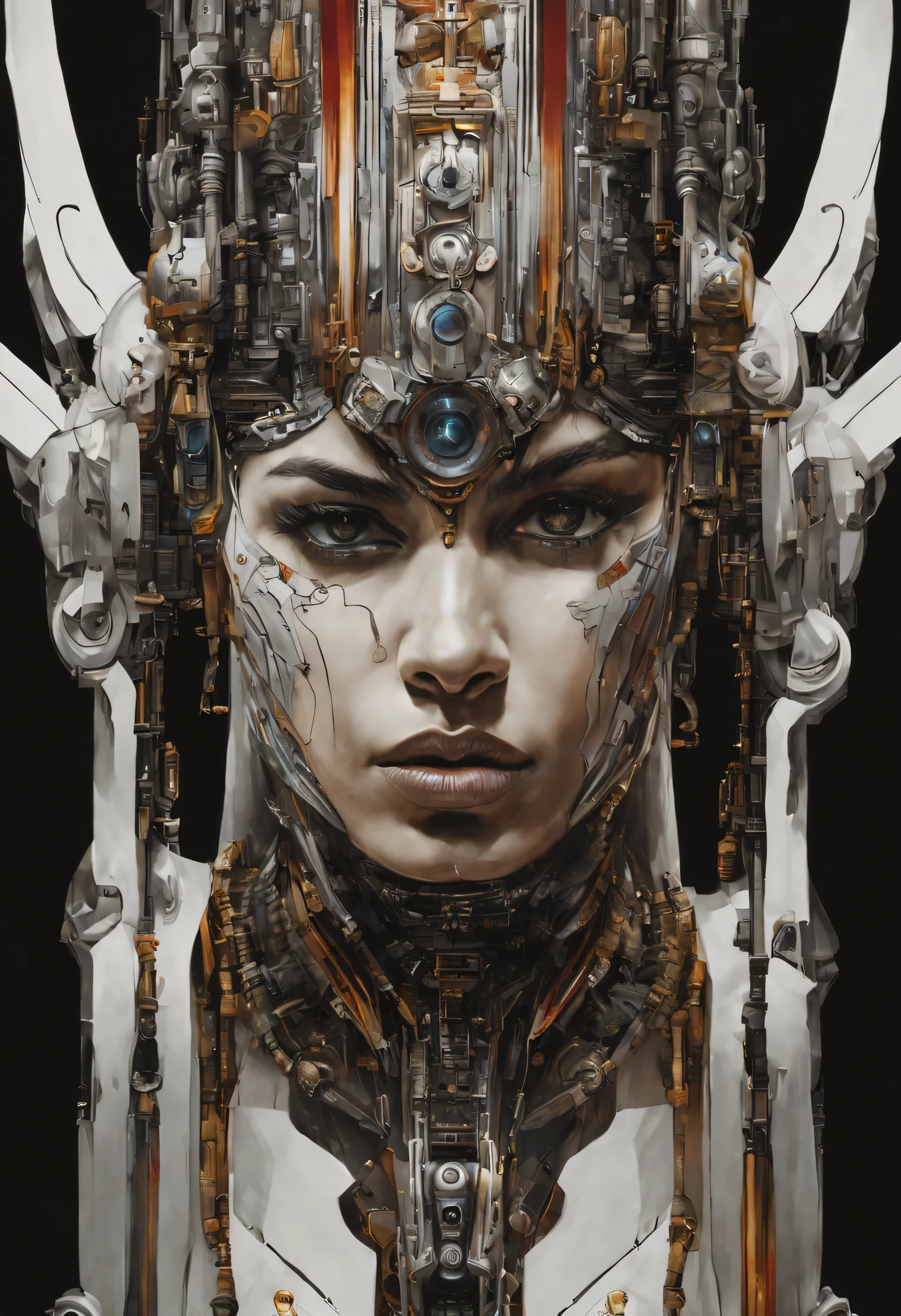 Futuristic native futurism,Actress Priyanka Chopra plays the high-level cybernetic cyborg, big breasts, the Japanese goddess of war, sensuality,Artistic details,Cyberpunk Hindu mythology,Epic science fiction fantasy, Centered,In the style of Nick Alm's fantasy futuristic fantasy works, Dark prism, Dark, Metal composition, symmetrical arrangements, Iridescent metallic , distinctive noses, Ethereal,Blood splattered multicolored, eye-catching metallic compositions, Symmetrical geometry, distinctive noses, gothic references, With bold lines and black stripes,White,Red, Gold and silver, Fantasy science fiction art, a detailed painting, ,Alex Alemanni merges with Carol Barker