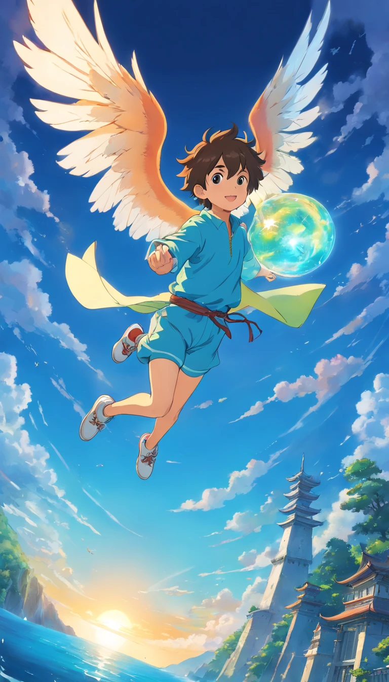 boy flying high in the sky、The city, the sea, and the forest can be seen hidden behind clouds.、clear blue sunrise、Transparent wings sprouting from the back、horizontal line、ancient futuristic、fantasy、fantasy games、high resolution、vocaloid style、animation、illustration、character