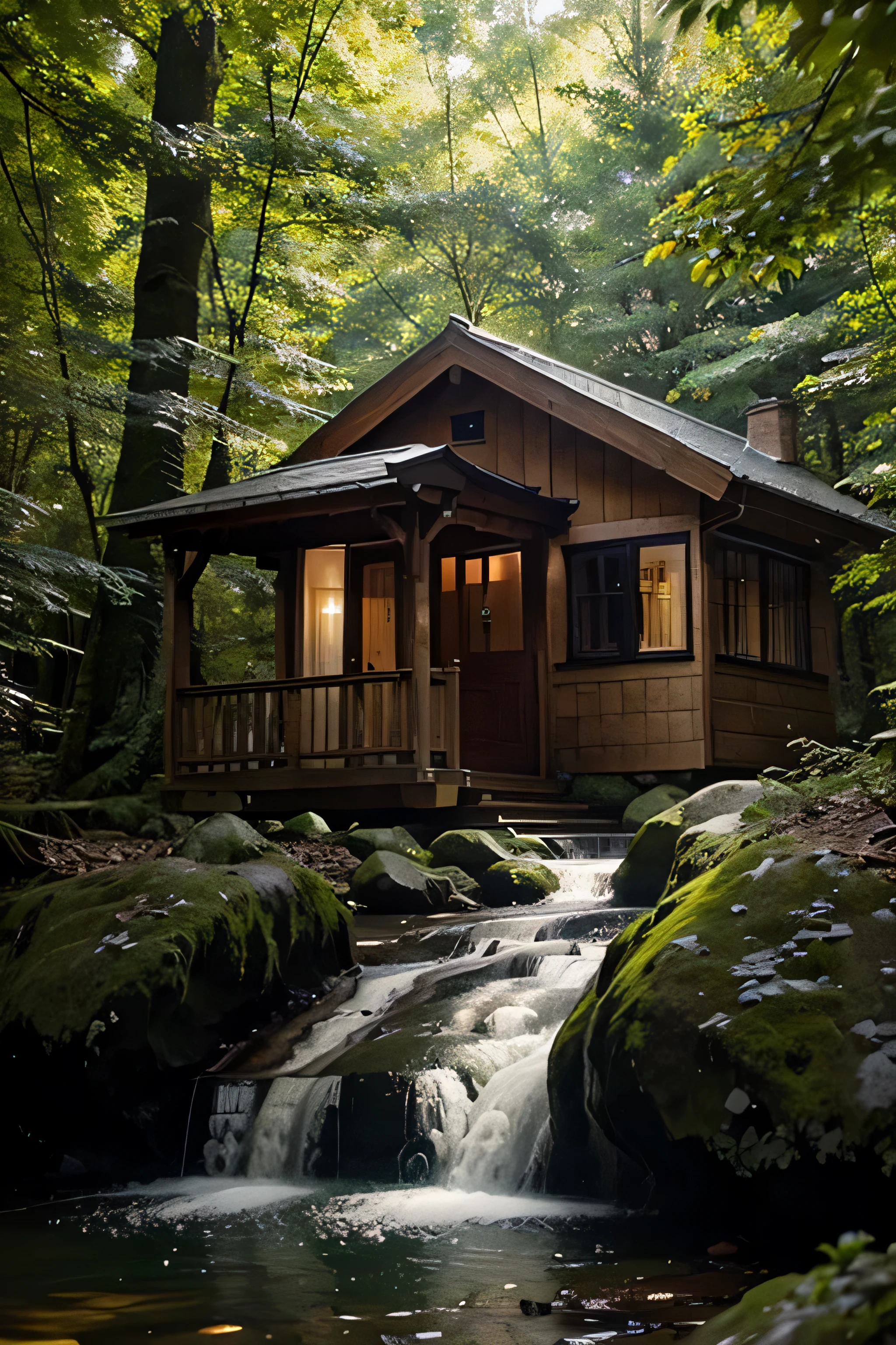 abstract cabine in green wood with waterfall