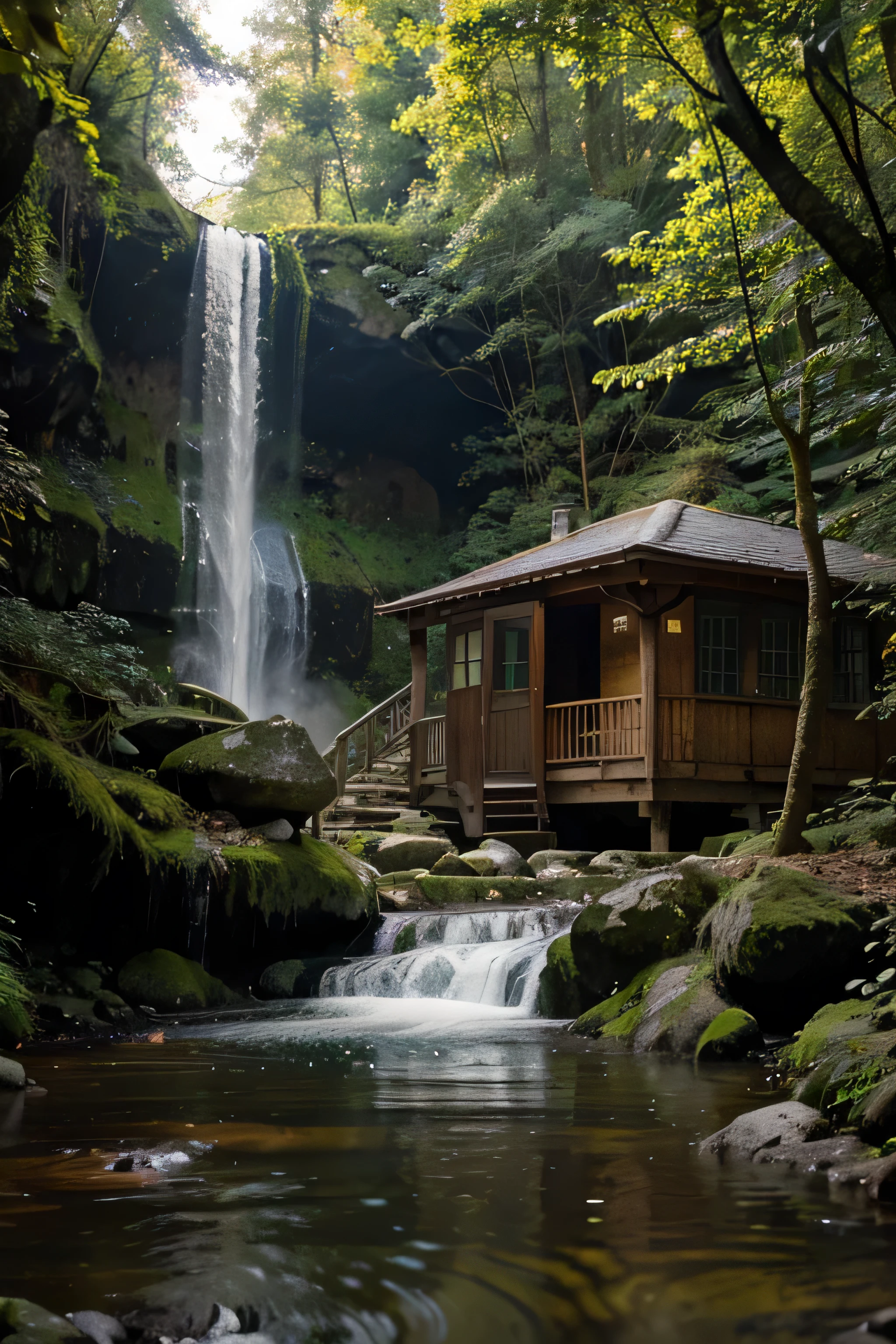 abstract cabine in green wood with waterfall