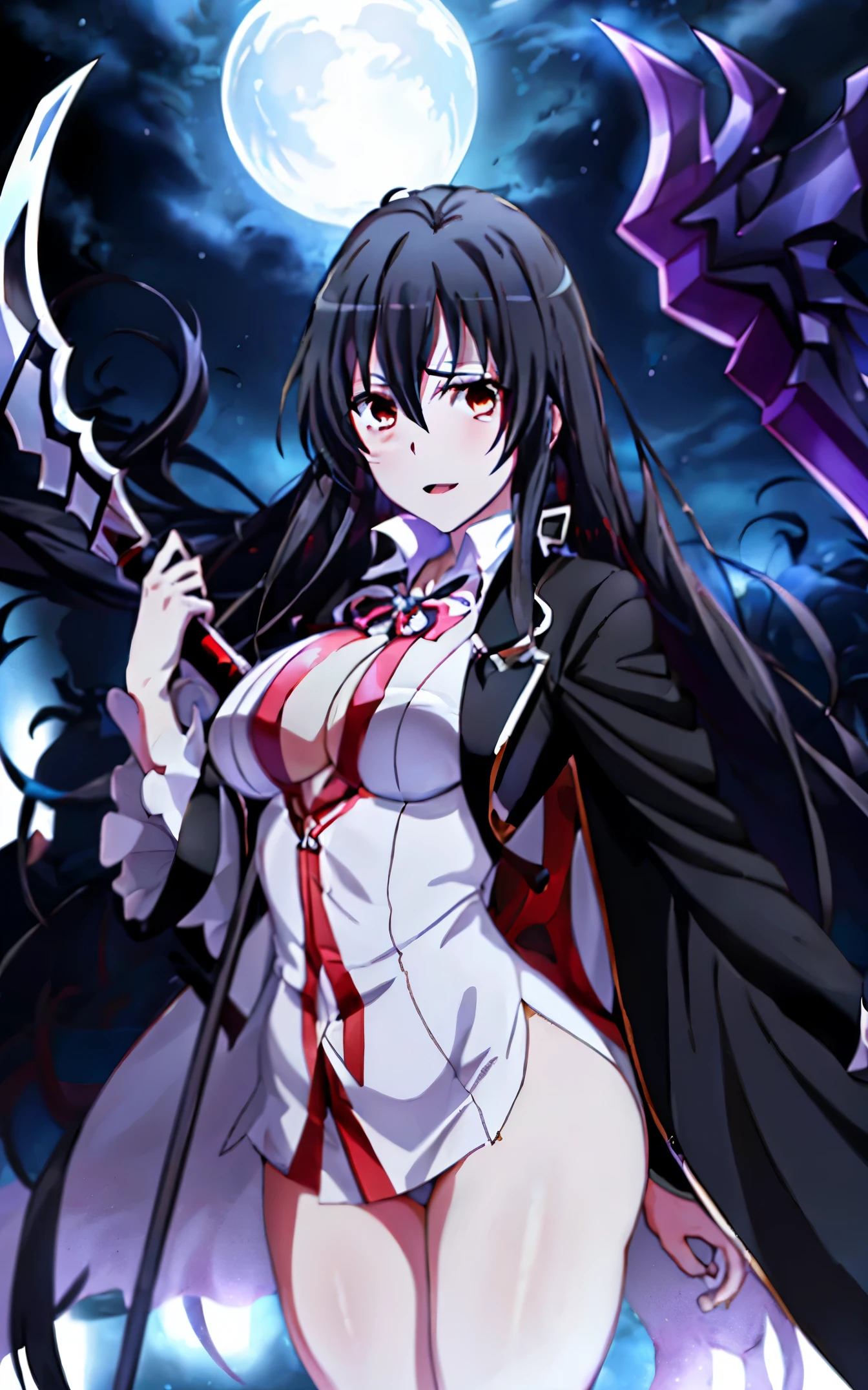 Anime character with ultra white skin dressed in bold suit on black chest holding a bright purple scythe, Albedo de Overlord, Albedo del anime Overlord, Dark blue and white robes, Gapmoe Yandere Grimdark, Textura del albedo, Wear white robes!, batas ajustadas blancas y negras! De fondo Hueco Mundo del Anime Bleach. El personaje con Tetas Grandes, y trasero grande.