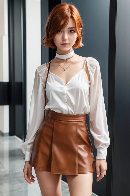 mini skirt、knee high、13 year old girl, alone, Red-haired shorthair, , view viewer, blonde hair, shoulder, brown eyes, gem, full body lesbian, choker necklace, Business suits、 Open, Actual, nose, Flirting with the camera