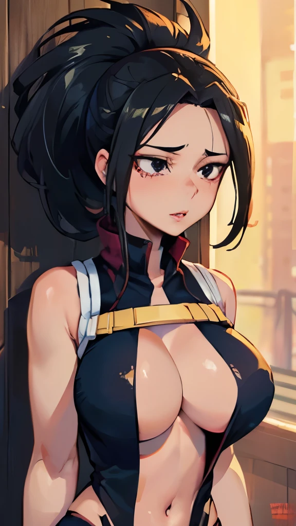 (Best Quality, 8k, 32k,1 Girl, Yaoyorozu Momo, Perfect Body, Ultra Detailed Face, Detailed Lips, Thin Eyes, Torn Dress, Standing, Seductive, Excited, Areolas, In the Heat, Milf.