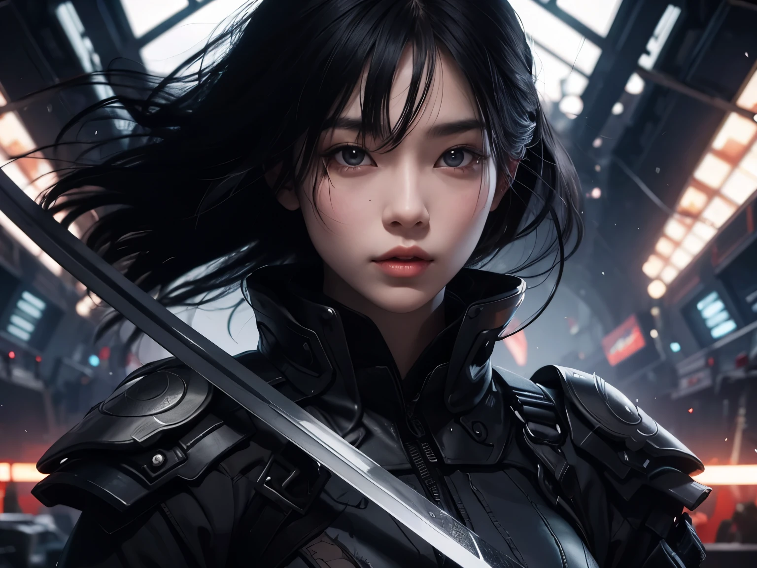 Beautiful woman with a Japanese sword。A dark-haired。letting down one's bangs。eighteen。beautiful double eyes。bridge of nose。Well-shaped thin and wide lips。Wearing black metallic combat uniform。The location is inside a futuristic building.。