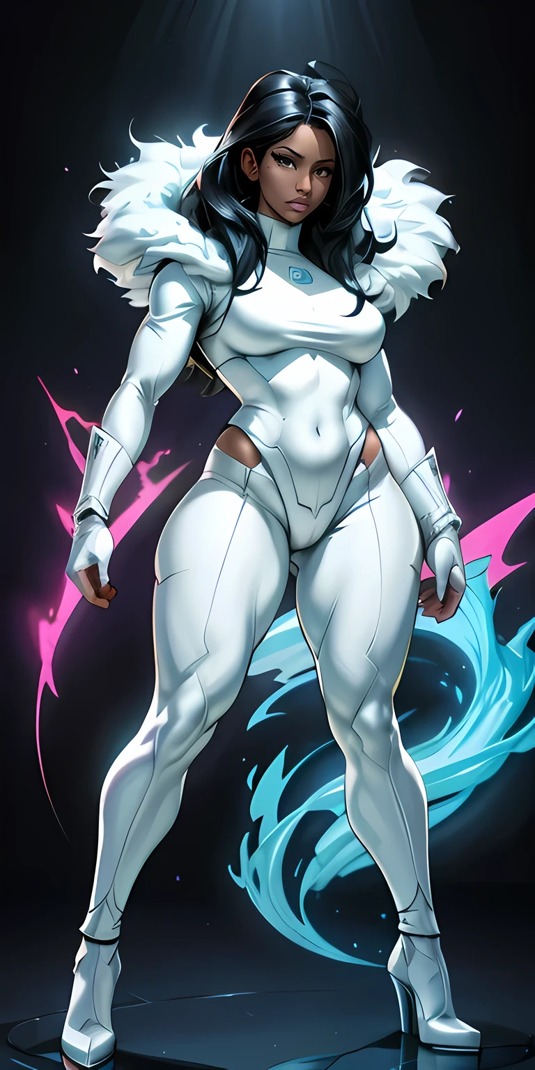 Nicki Minaj cosplaying as Emma Frost from Marvel, ((dark skin)), black hair, well-defined muscular legs, chubby physique, (((wide waist))), frontal, full-length, looking at the camera, facing the audience, standing pose,  background, three-dimensional light, detailed full-body concept, sleek digital concept art, beautiful full-body concept art, art trend, CGsociety full-length,