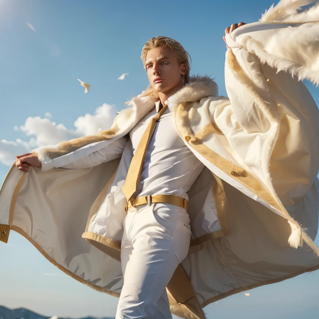 Male of white color 22 years old, Golden colored fur coat that covers full body and majestic face and blue eyes and golden blonde hair that blows in wind with realistic appearance 