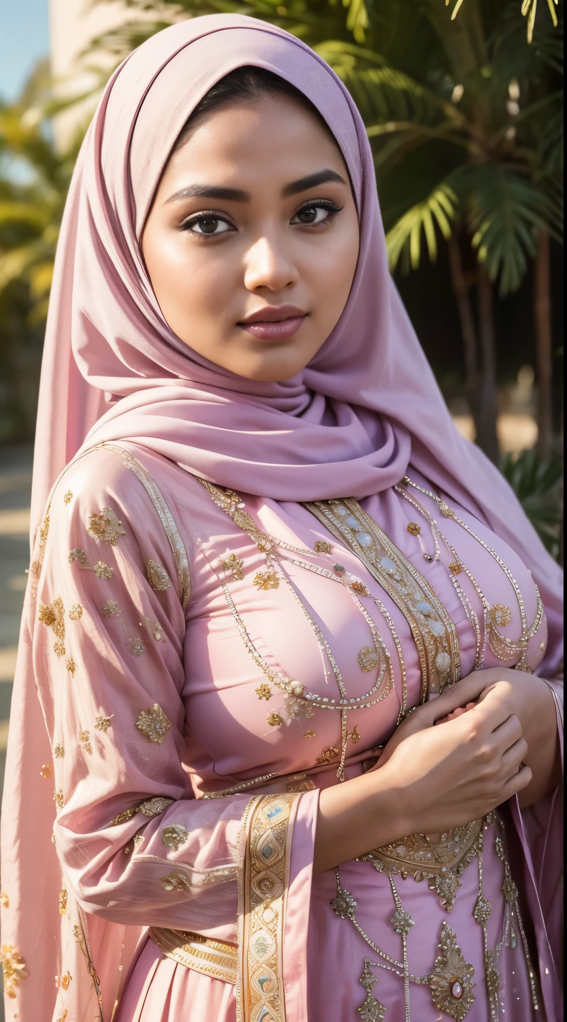 ( Close Up),RAW, Best quality, high resolution, masterpiece: 1.3), beautiful Malay woman in hijab,Masterpiece, perfect fit body, big breast,big gorgeous eyes, Soft smile,beutiful face,thick thighs, close up of a woman in a pink hijab taking a picture of herself, long dress female, wonderful masterpiece, very beautiful enga style, full covered dress, detailed dress and face, somali attire, traditional beauty, beautiful masterpiece, very beautiful masterpiece, malay dress, wearing a dress made of beads, modest flowing gown, traditional dress, great masterpiece, wearing an ornate outfit, long dress , (Delicate turtleneck) , shairband, afternoon walk, City garden, Excellent lighting, Bright colors, Clean lines,