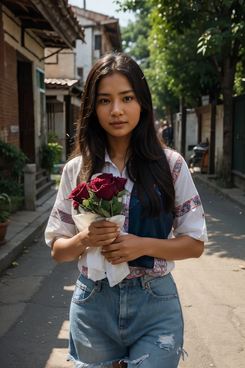Craft a vivid description of a mid-journey scene featuring a Nepali girl gracefully holding a bouquet of vibrant roses in her hand. Capture the essence of her surroundings, the cultural richness, and the emotions that unfold in this moment of beauty and grace, 8k, hyper realistic.