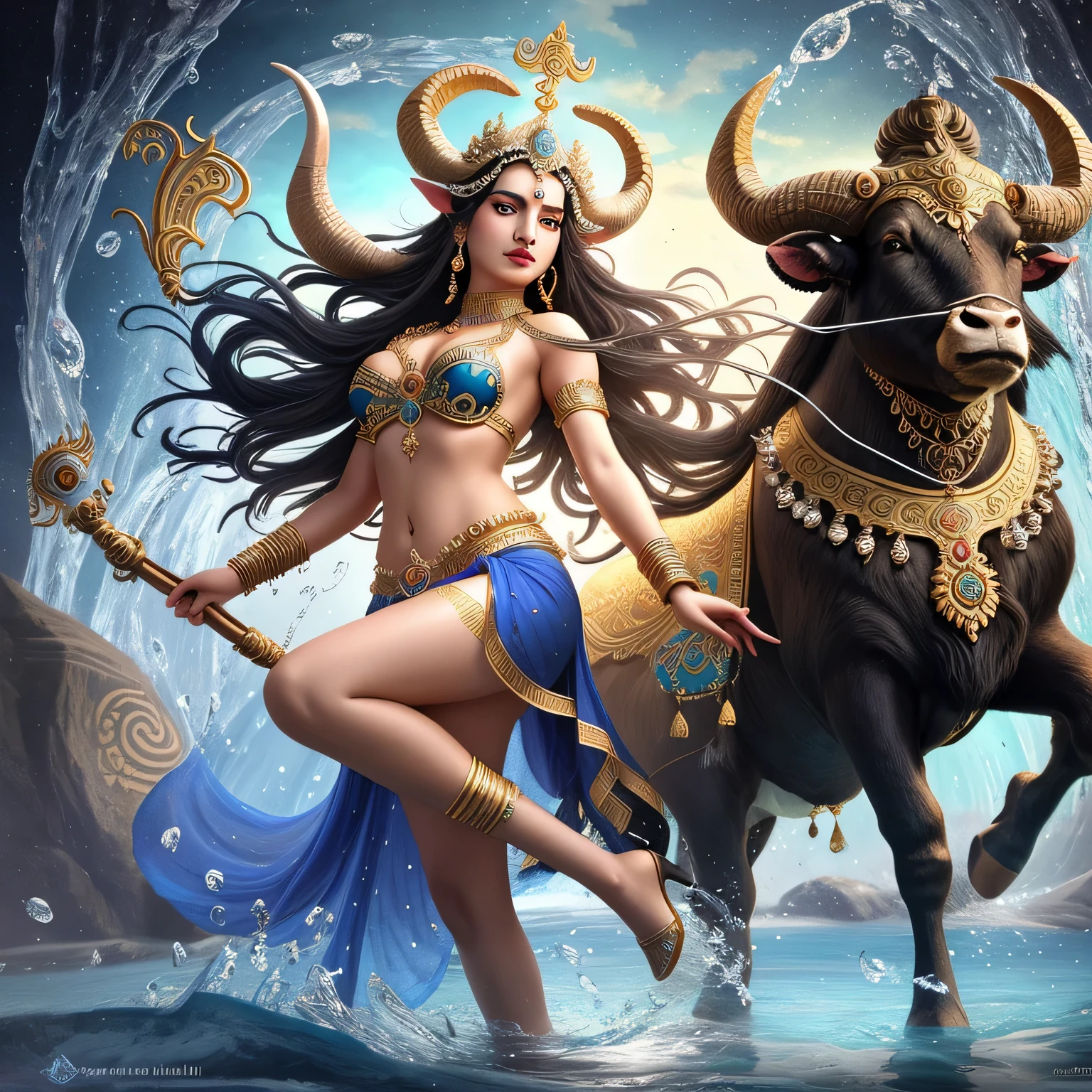 a painting of a woman and a bull in the water, kali, goddess. extremely high detail, indian goddess, goddess art, gorgeous goddess of leo, extremely detailed goddess shot, evil godess, god shiva the destroyer, horned ram goddess, divine goddess, beautiful goddess, shiva, devainart, goddess of the underworld, artgerm julie bell beeple