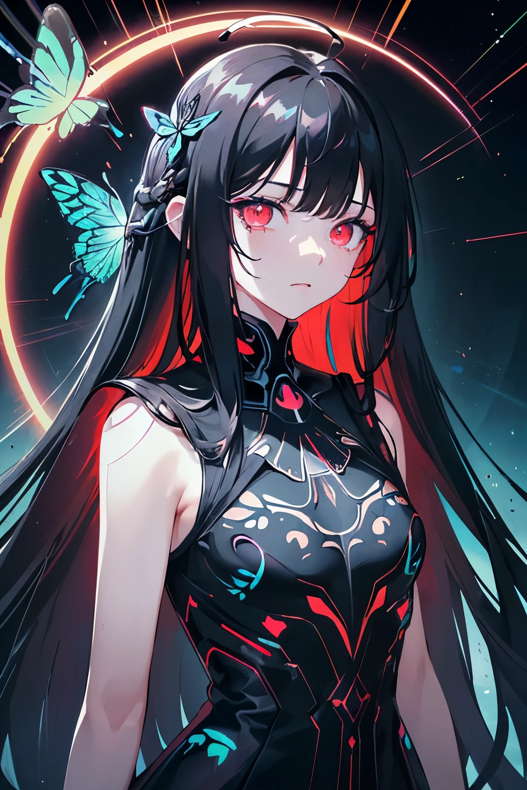 (masterpiece), best quality, expressive eyes, perfect face, girl, gorgeous long black hair (Highest picture quality),(Master's work), (ultra-detailed),(Detailed eye description:1.2),(upper body:1.5),(manny colorful butterfly:1.3),(clouds sea:1.4),(lens flare:1.3),(grim expression:1.5),(movie poster:1.0),(Tarot border:1.0),a girl dress , (eyelashes:1.2), formal,military,skirt,(water magic:1.2),(small breasts),(thigh bands),(black hair:1.3),(long hair:1.6),the portrait is centered,(from above:1.1),(close-up:1.2),(looking at viewer:1.5),(chaotic geometric images:1.3),(nagative space:0.8), [[negative space]] ,(drawing board:1.3),(halo:1.3),(ether colorful ink flowing:1.3),(red eyes:1.3), ((water, reflection, (neon lights:1.3))), ((colorful, multicolored)), sky, shiny, gorgeous, ((solo)),