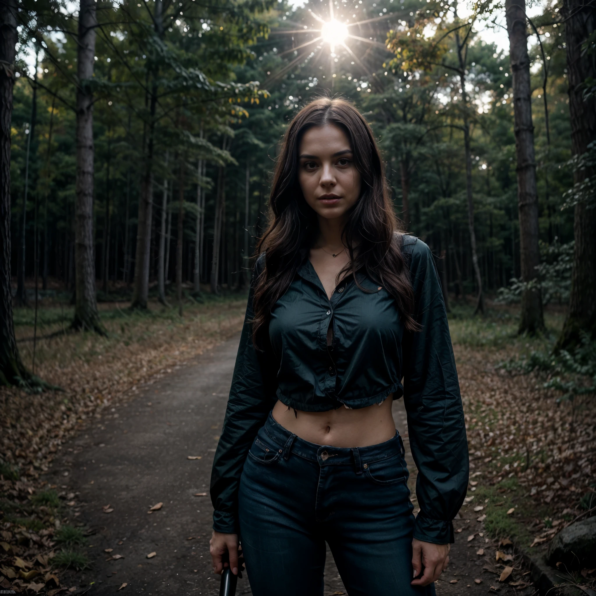 Generate a full-body photograph of a beautiful woman, the stunning brunette influencer, dressed in a captivating and detailed costume inspired by the iconic character, Jason Voorhies, from the 'Friday the 13th' film series. She should appear in her mid-30s, standing, with her long, wavy dark hair cascading gracefully on her shoulders. Her athletic hourglass figure should be accentuated by the costume. She should be adorned in a meticulous and hyper-realistic recreation of Jason Voorhies' infamous outfit. This includes a worn and tattered dark-green flannel shirt with ragged sleeves, reminiscent of Jason's signature look. She should also wear a ripped pair of jeans, strategically torn to resemble the character's attire. The backdrop should be an atmospheric setting reminiscent of the 'Friday the 13th' franchise. It should feature an eerie forest scene with looming trees, dense foliage, and a sense of foreboding darkness. The environment should be lit by moonlight, casting subtle, chilling shadows. Autumn's poses should reflect the eerie and suspenseful nature of the character she portrays. She can stand confidently with one foot slightly forward, menacingly holding the machete in her hand while maintaining a chilling, intense look.Intense look and makeup, symmetrical eyes, symmetrical face, photorealistic, photography, path tracing, specular lighting, volumetric face light, path traced hair, visible shadows, intricate, elaborate, hyper-realistic. NO KNIVES, HER BREAST COMPLETELY COVERED